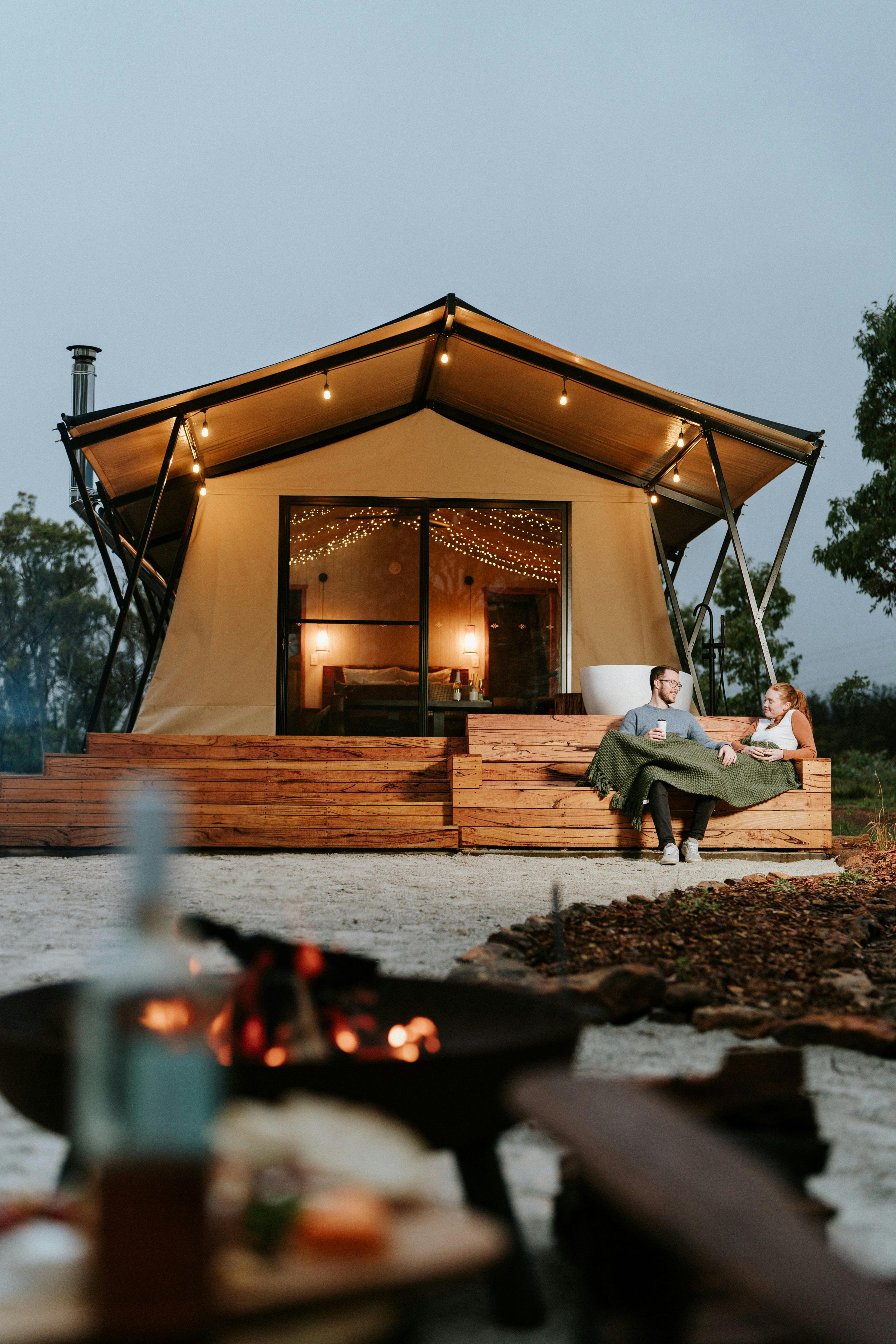 Front of tent at night