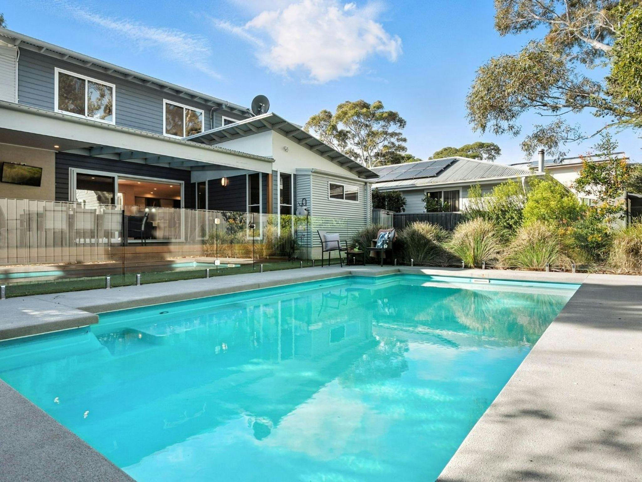 Azure House | Swimming pool | Outdoor entertaining | Garden area | Pets Welcome | Walk to beach