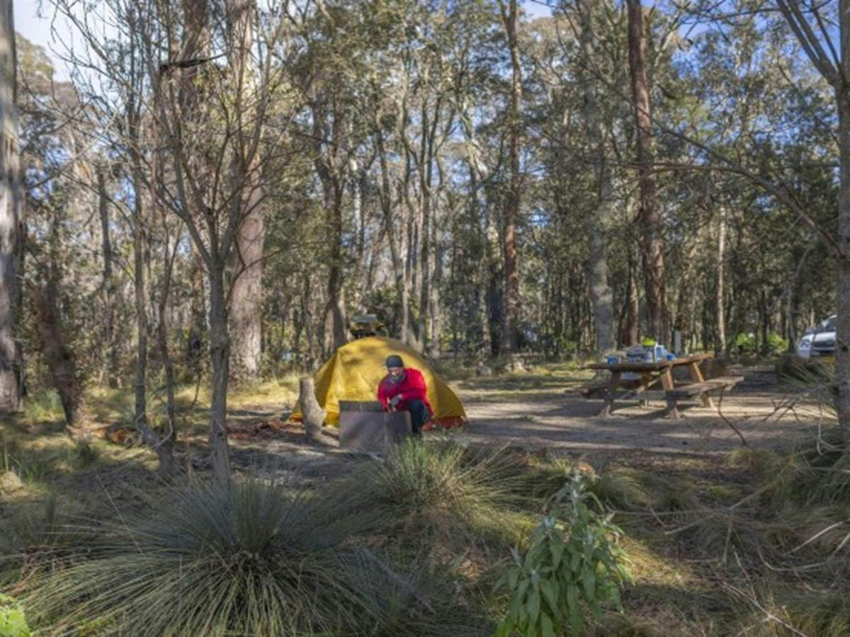A man tends to the wood barbecue next to his tent at Barokee campground in Cathedral Rock National