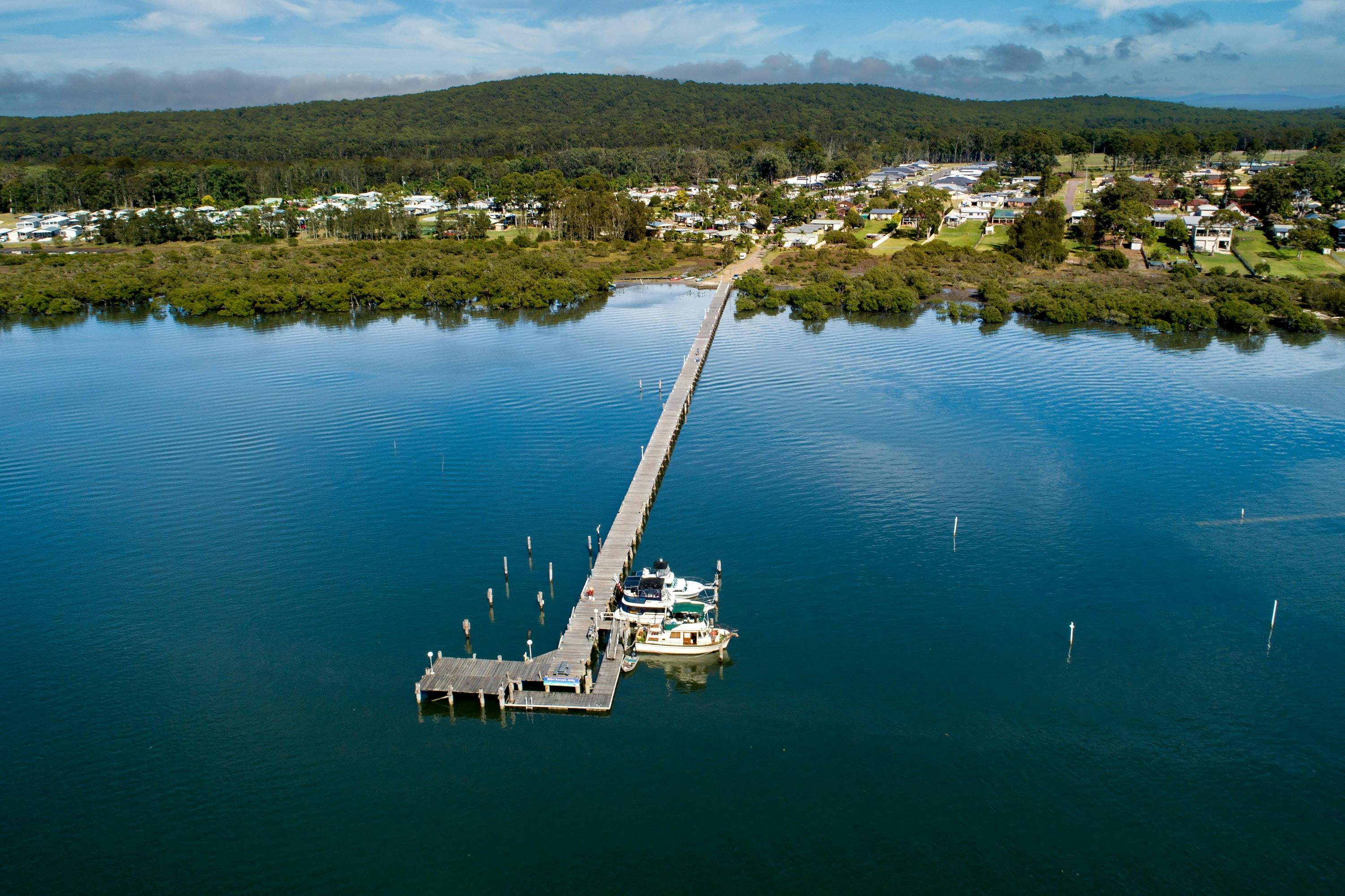 BIG4 Karuah Jetty Holiday Park aerial view of jetty and park