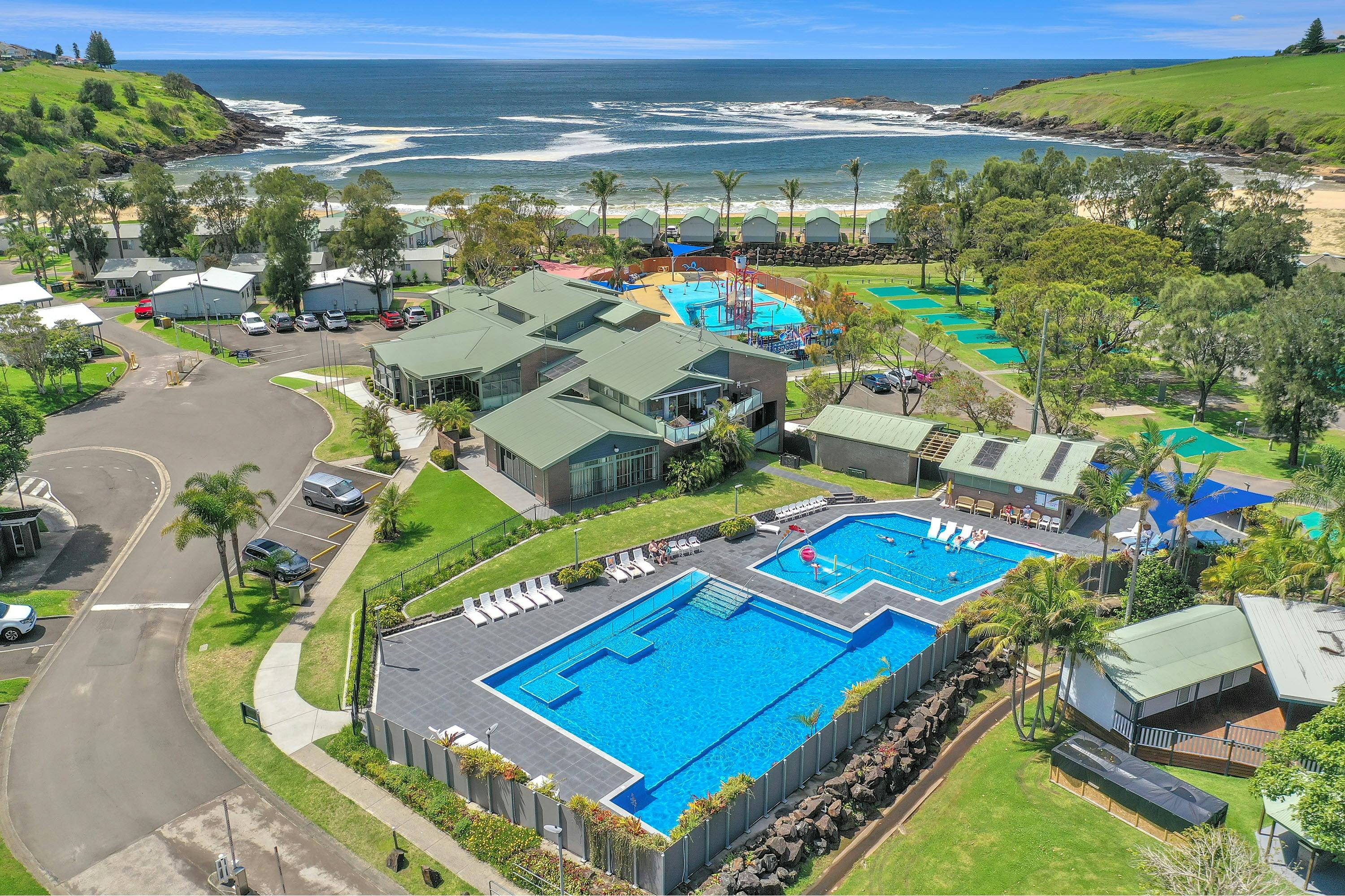 Aerial view of the resort pool at BIG4 Easts Beach Kiama Holiday Park
