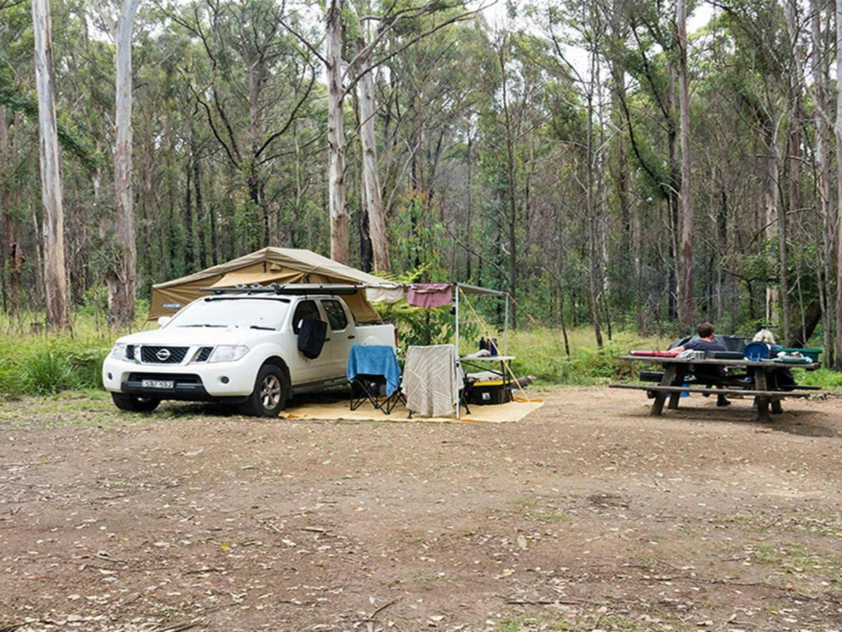 A camper trailer and picnic bench at Boundary Falls campground. Credit: Leah Pippos &copy; DCCEEW