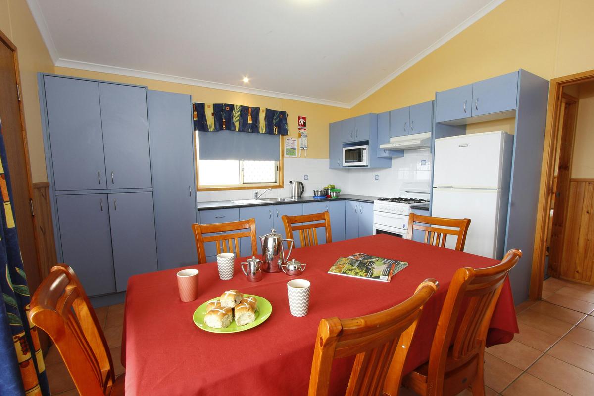 Kitchen and living area of cabin