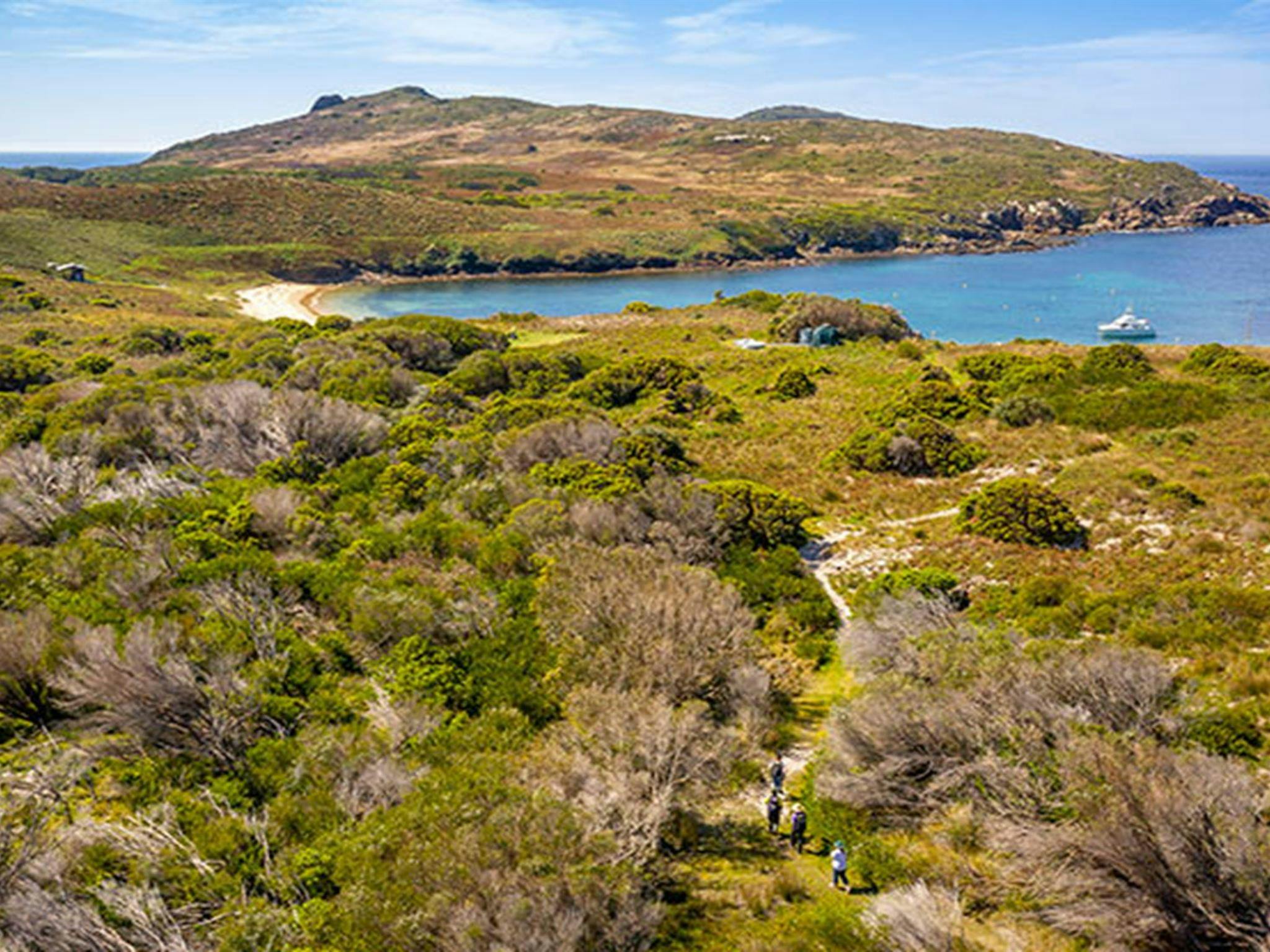 Aerial view of a group on the walking track on Broughton Island. Photo: John Spencer/DPIE