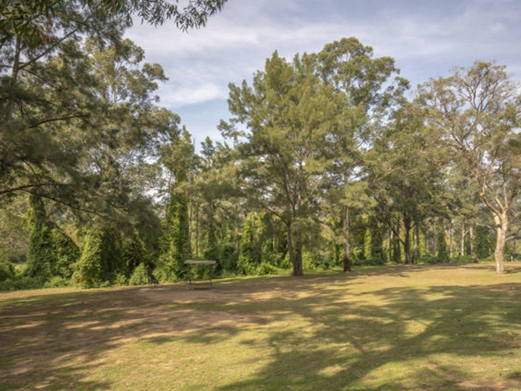 Open grassy areas with picnic sheds at Cattai Farm picnic area in Cattai National Park, on the