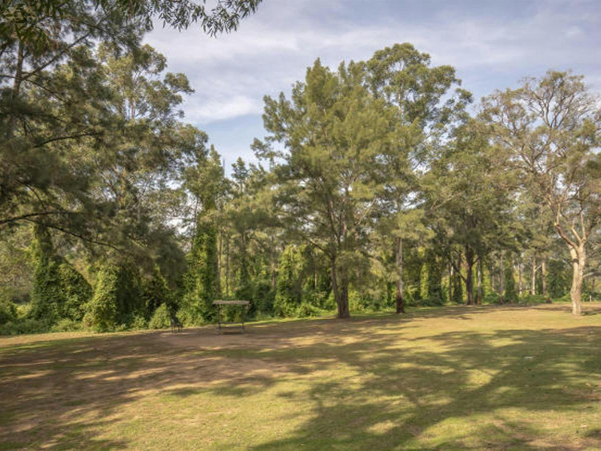 Open grassy areas with picnic sheds at Cattai Farm picnic area in Cattai National Park, on the