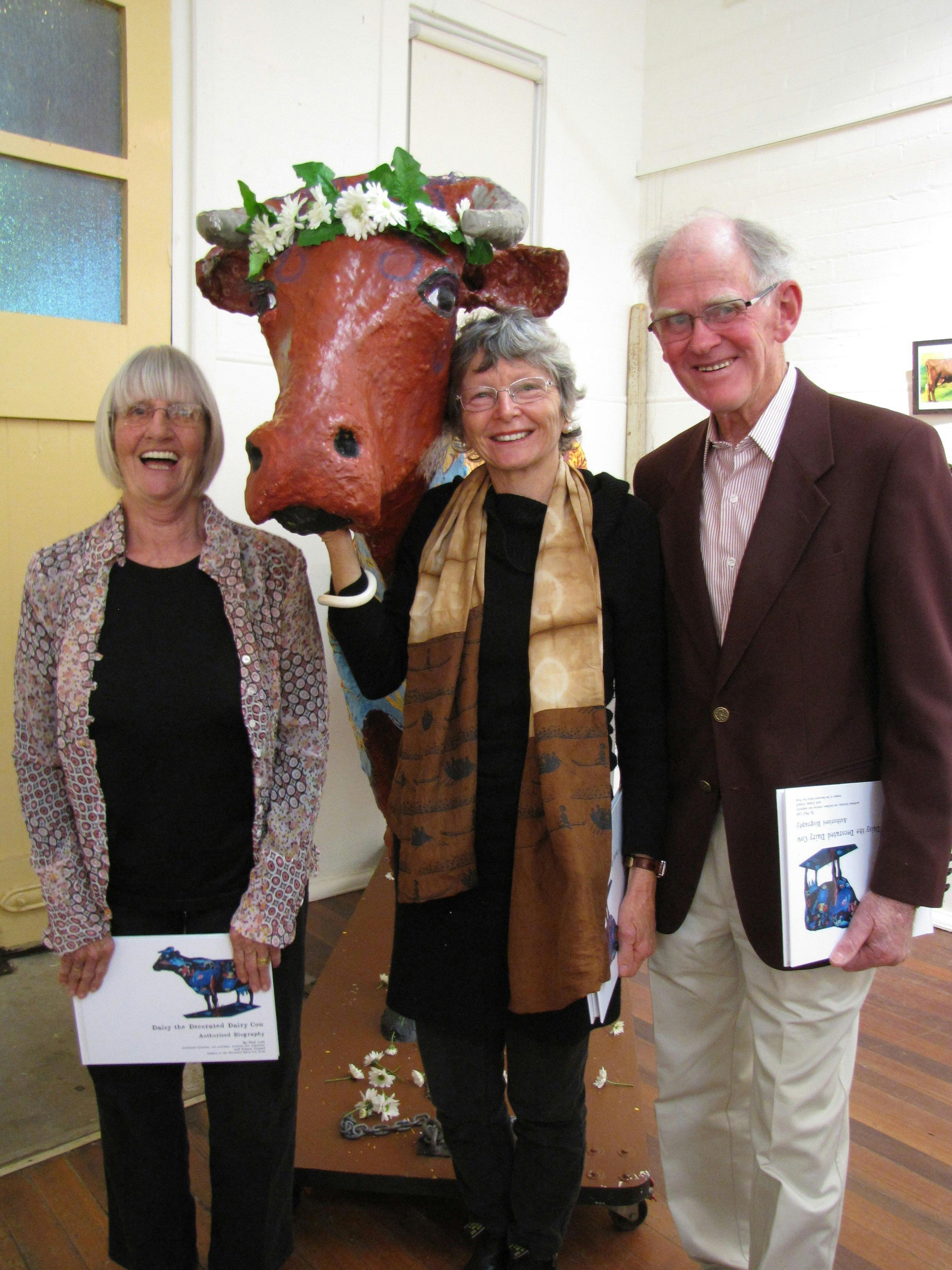 Daisy's book launch, book author Phy Lobl, orginal artist Sue Blanchfield & real cow owner Tom Walsh