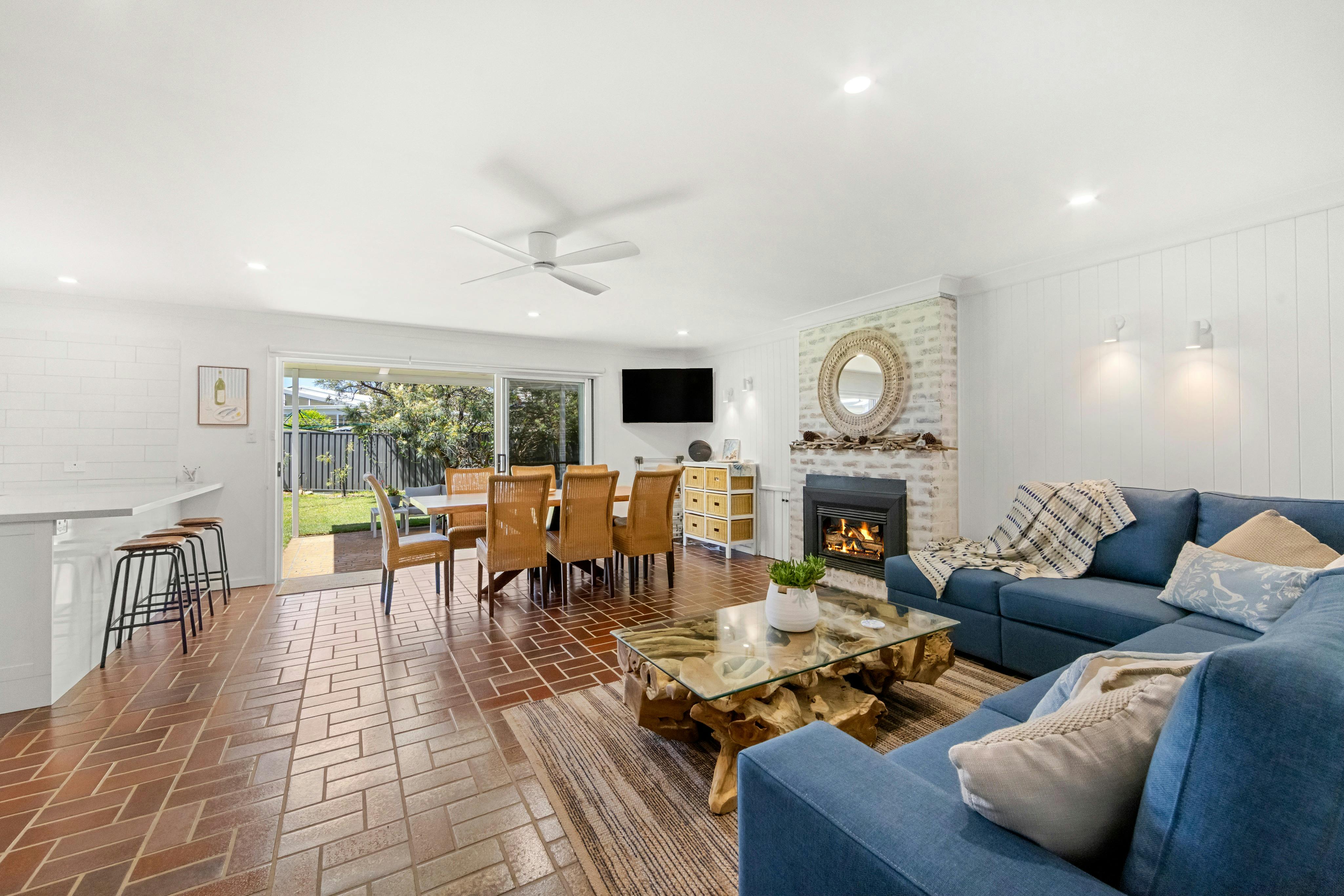 Living Area and Dining with Fireplace