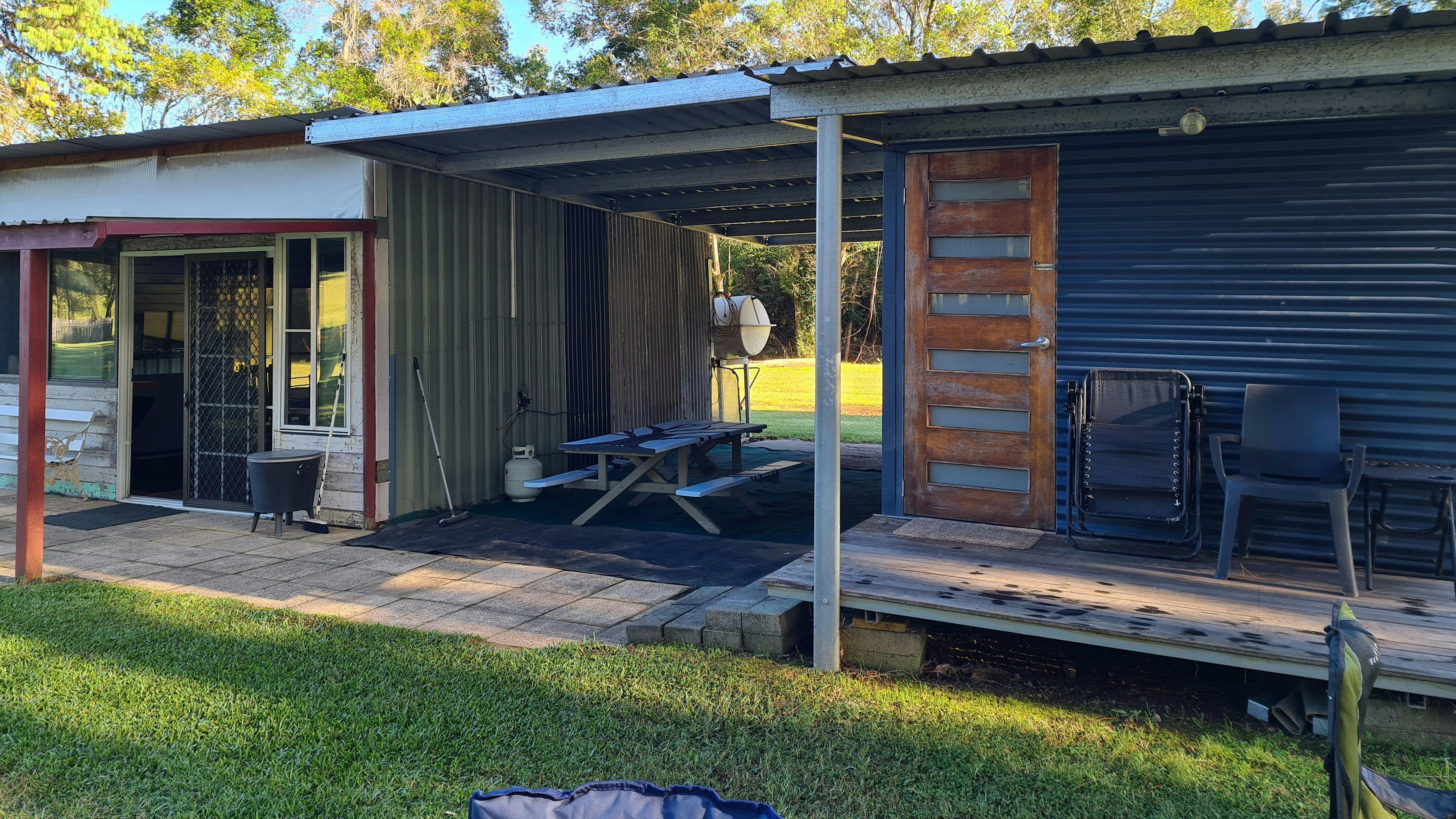 Cabin and camp kitchen are located ideally next to each other, with indoor and outdoor seating options availble