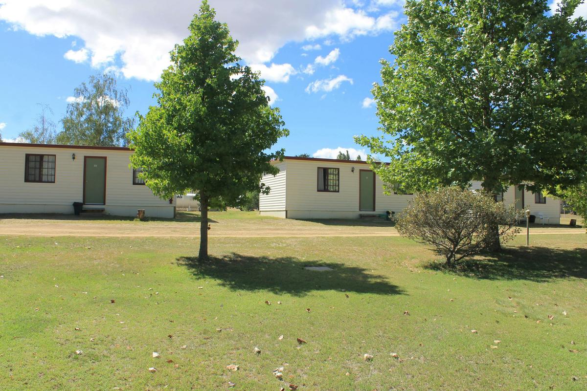 Looking up to a couple of cabins