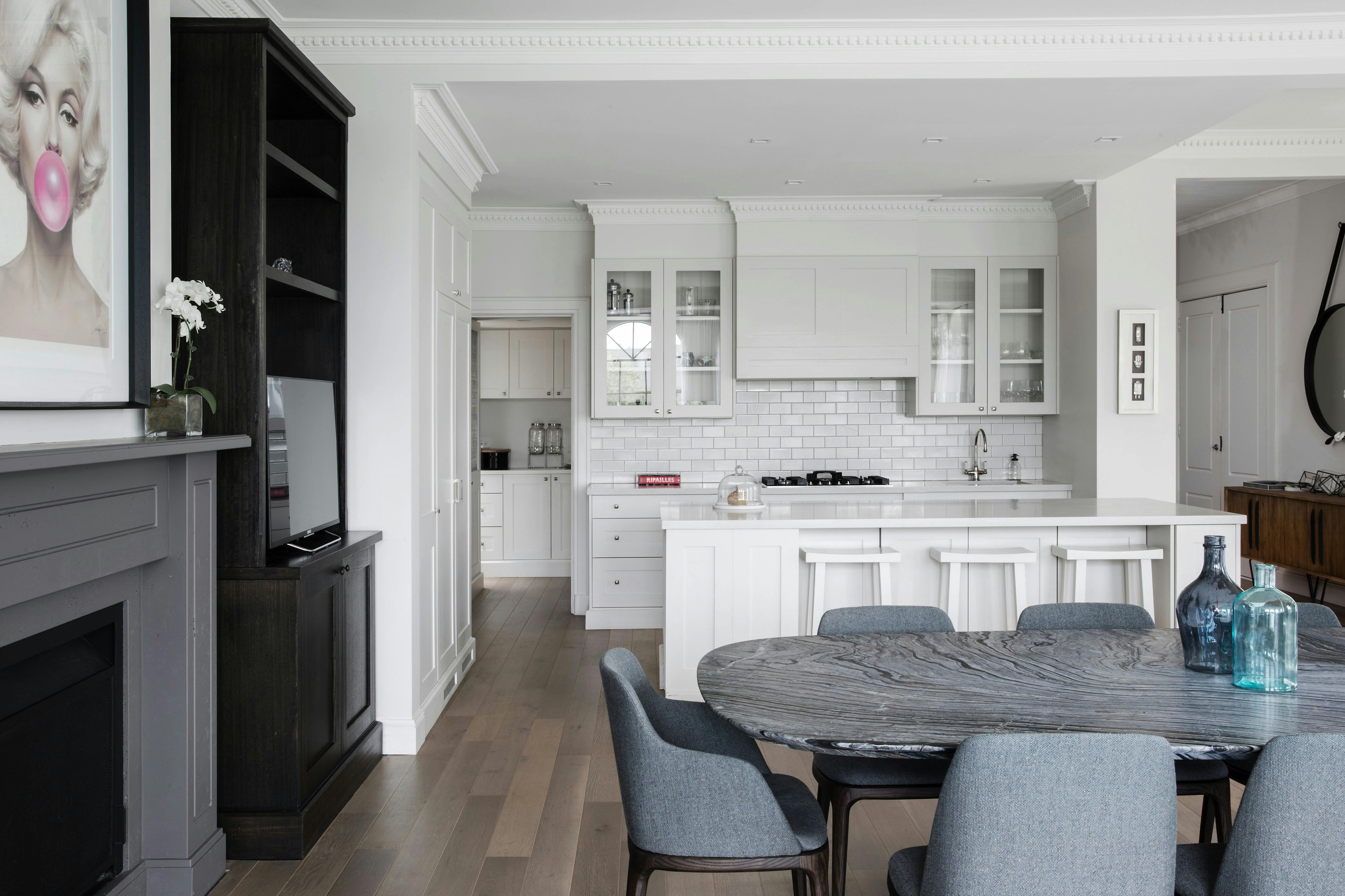 Light filled kitchen/dining area with fireplace