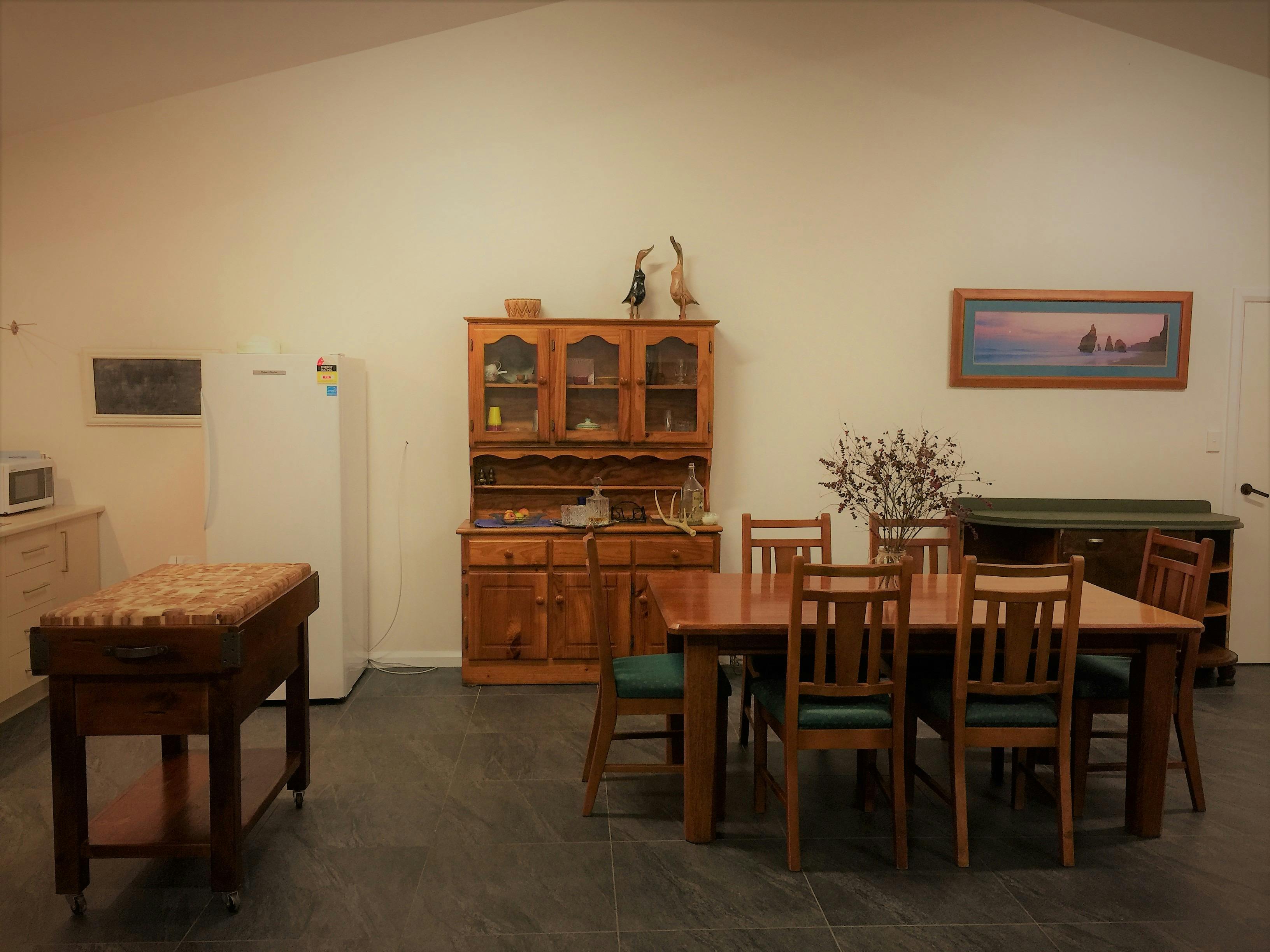 Kitchen and dining area. Full complimentary breakfast provided on the first morning.