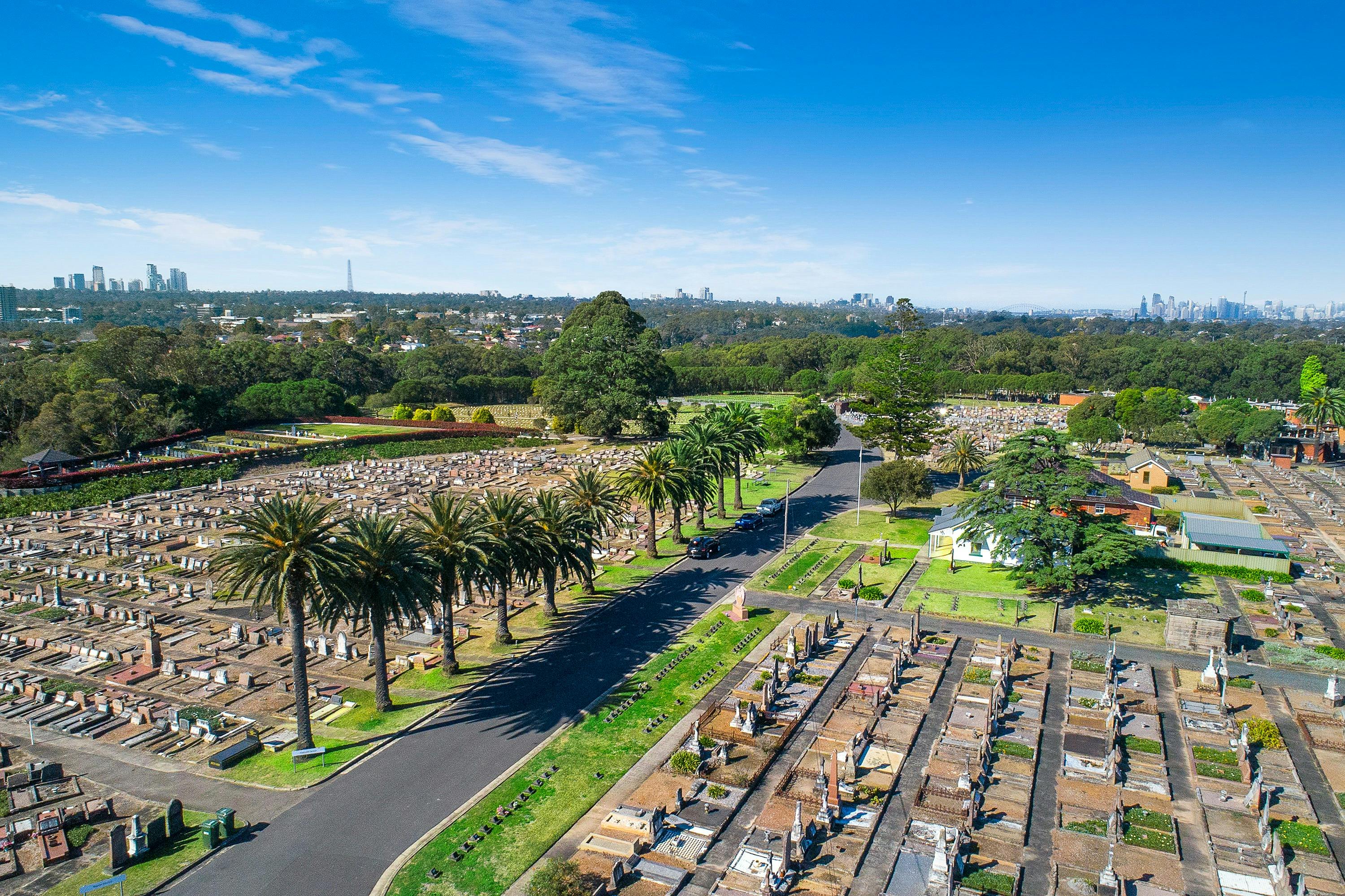 aerial drone view of the cemetery overlooking the monuments