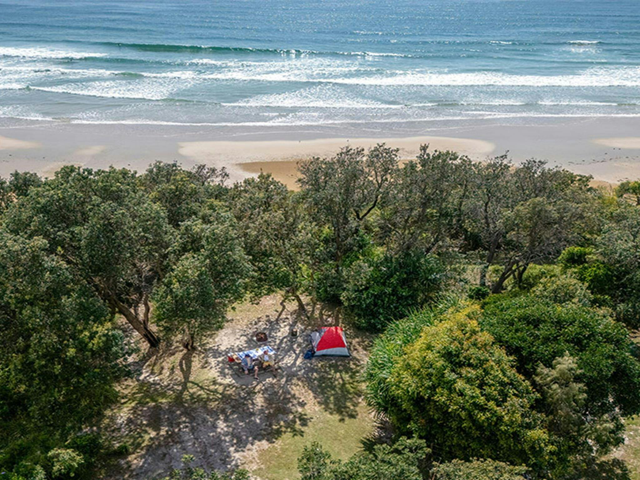 Aerial view of a tent campsite set back from the ocean at Illaroo campground. Credit: John Spencer