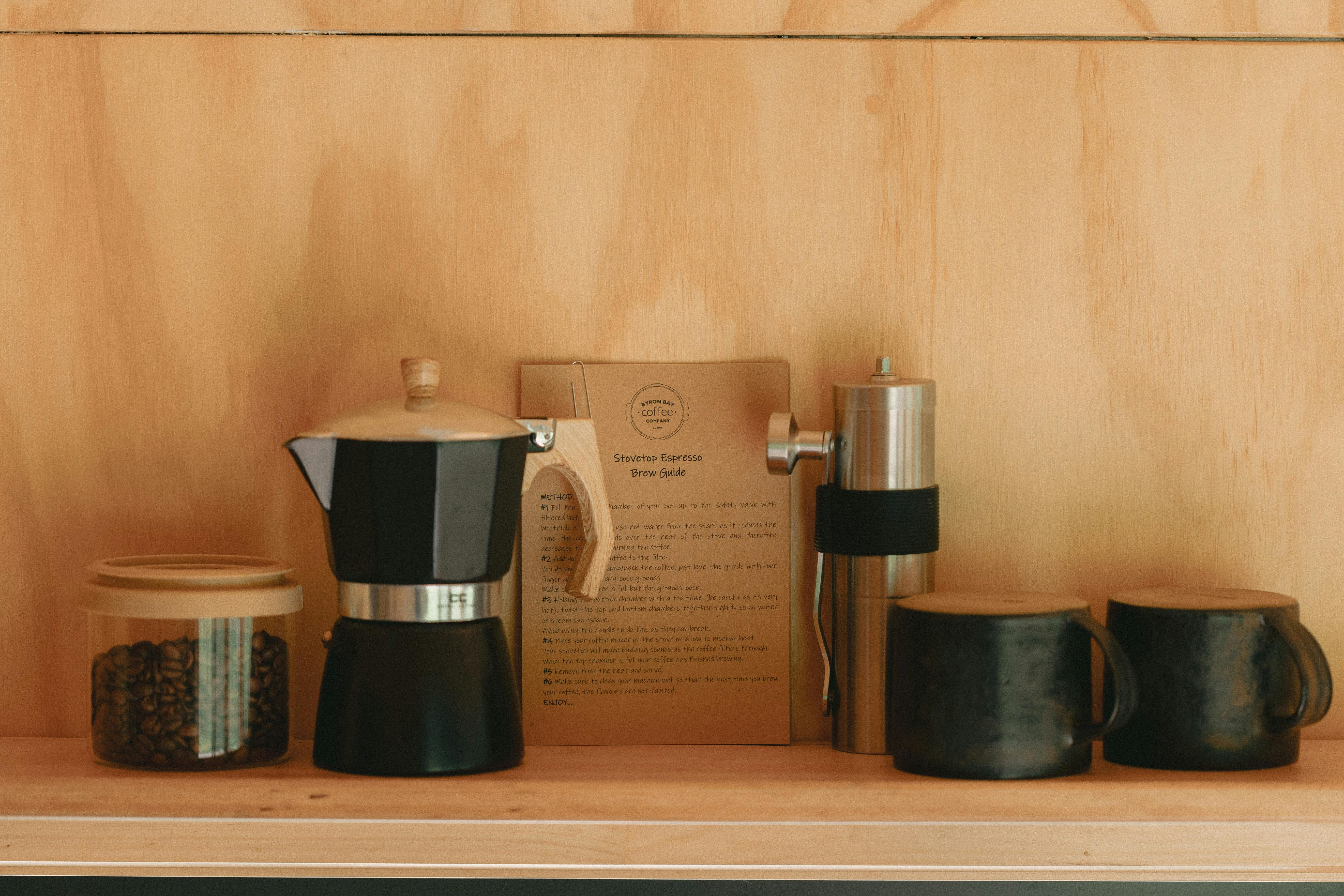 The tiny home is stocked with local produce, like coffee from the Byron Bay Coffee Company