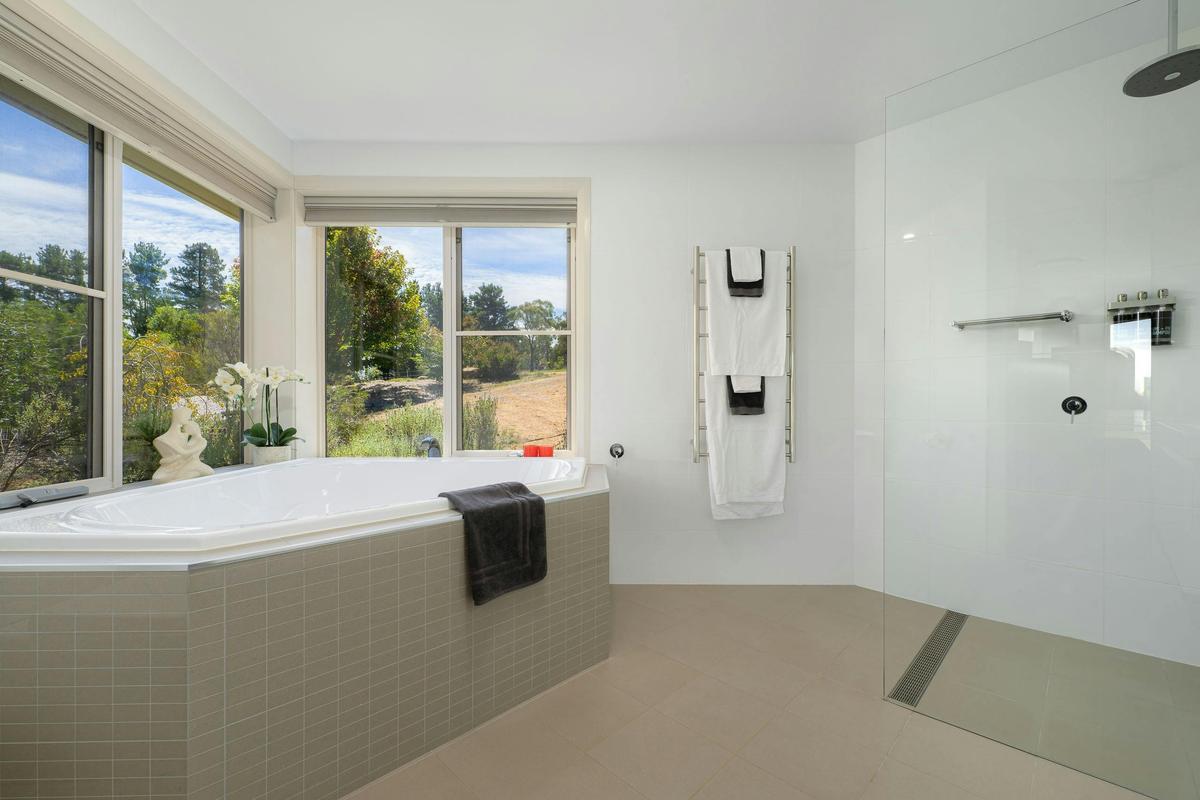 Full bathroom - large triangular bath, walk-in shower, toilet and vanity
