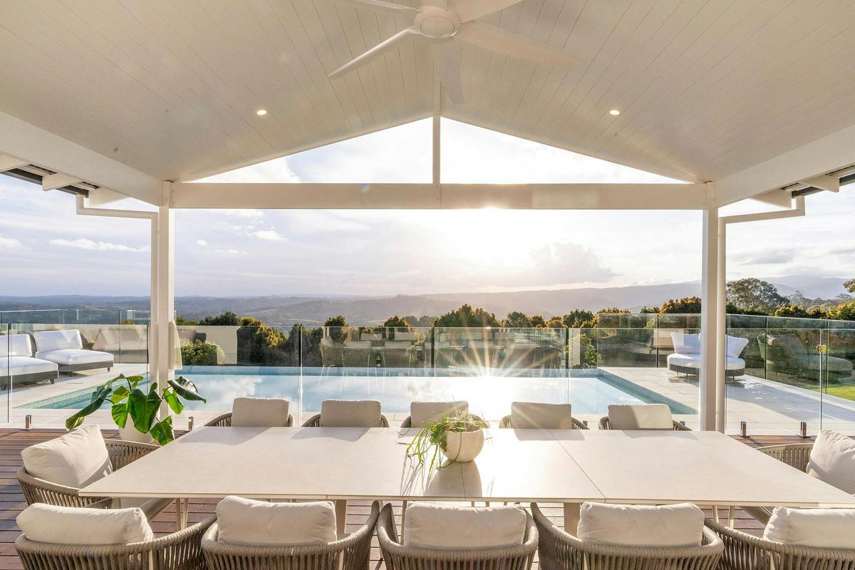 Miren Estate - Byron Bay - Outdoor Dining with Pool and Hinterland Views at Sunset