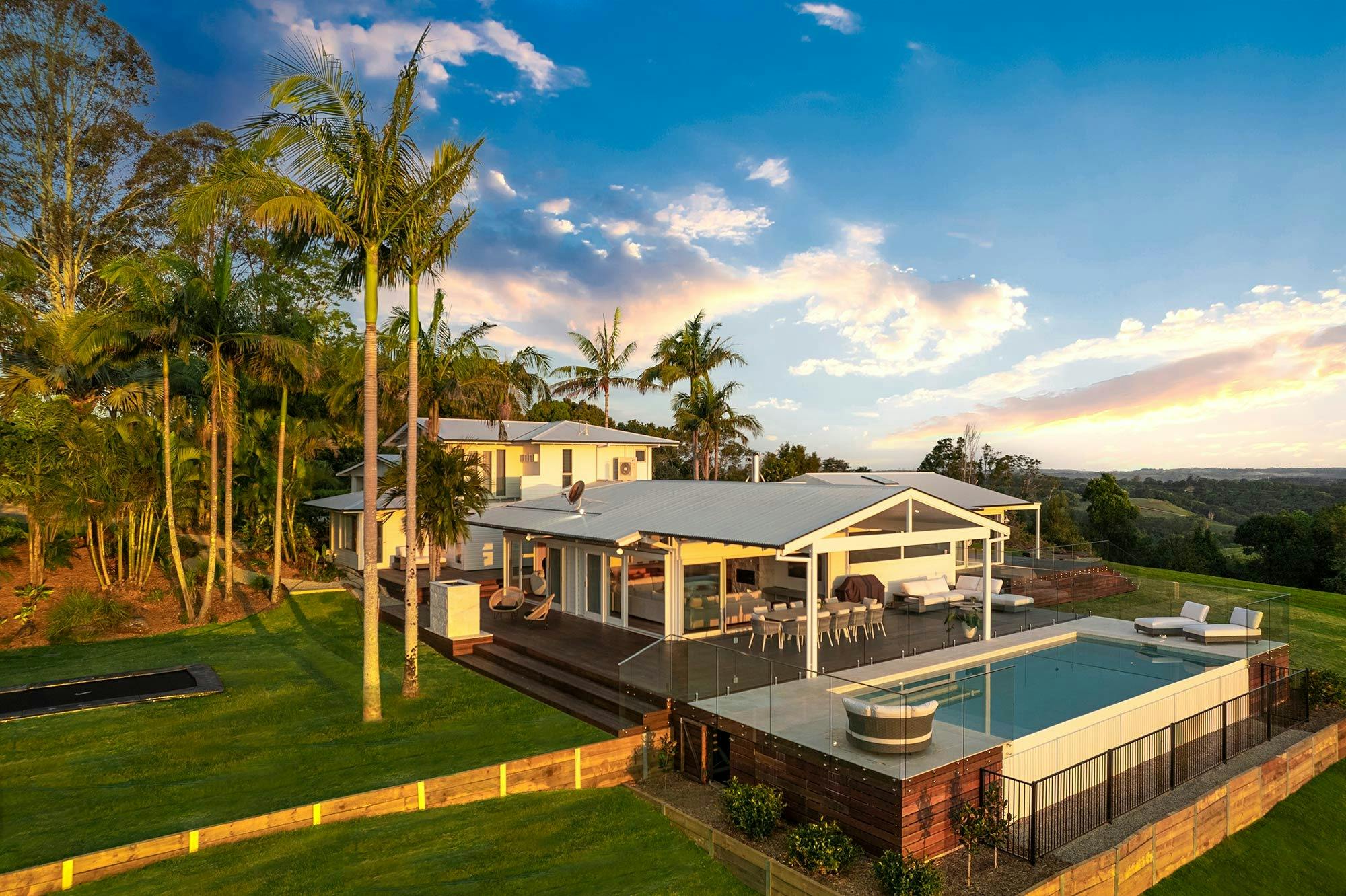 Miren-Estate-Byron-Bay-Garden-House-and-Views-at-Sunset