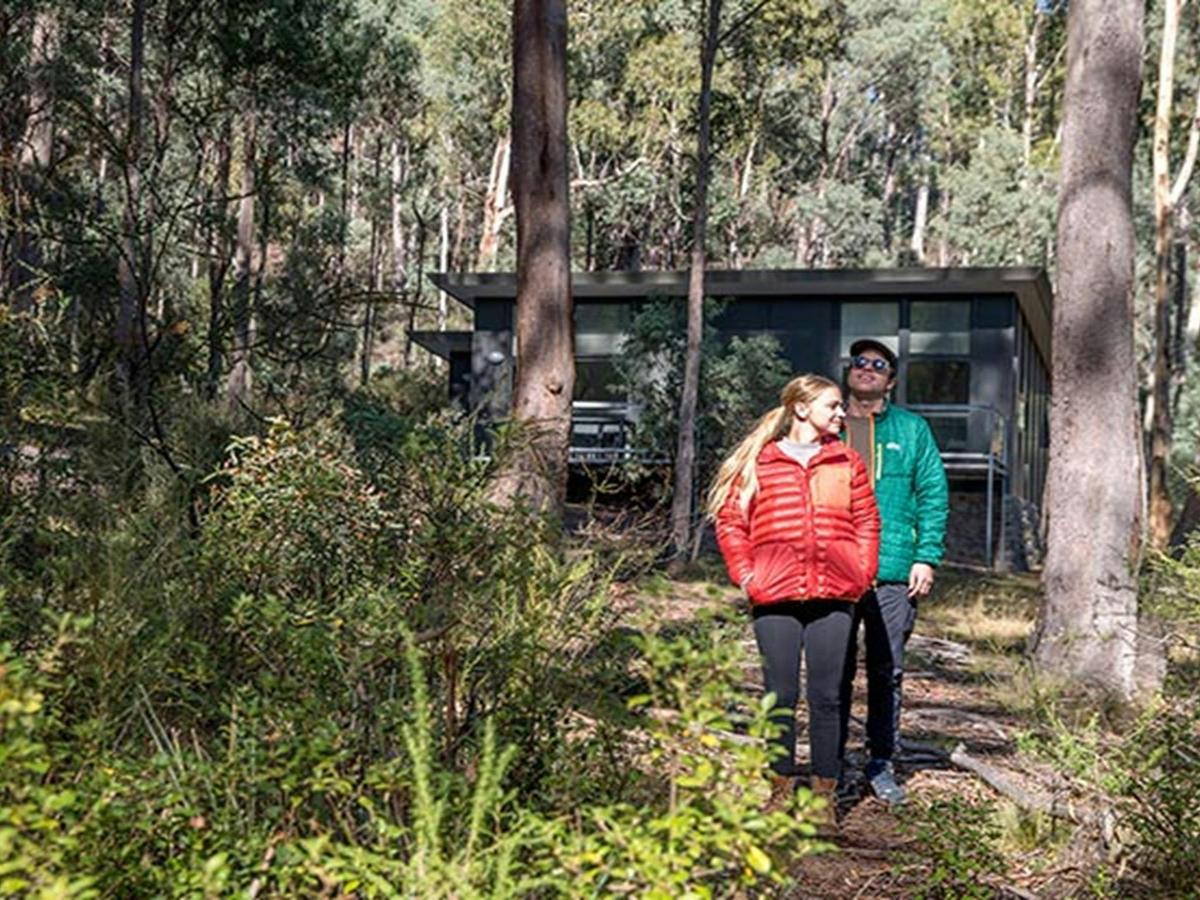 A couple walk through forest near Lyrebird Cottage, Kosciuszko National Park. Photo: Boen
