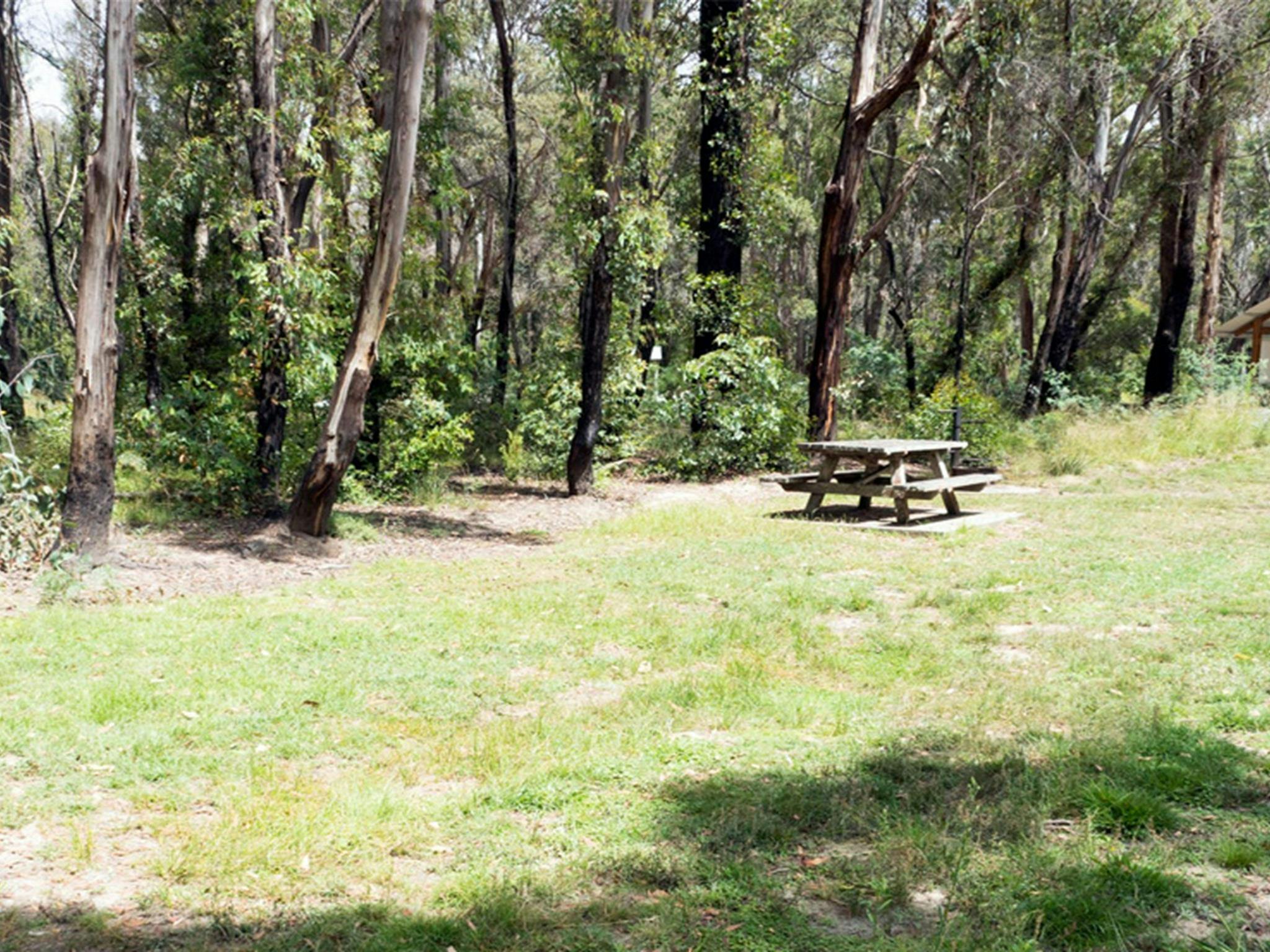Campsite showing picnic table and signboard, Native Dog campground in Cathedral Rock National Park.