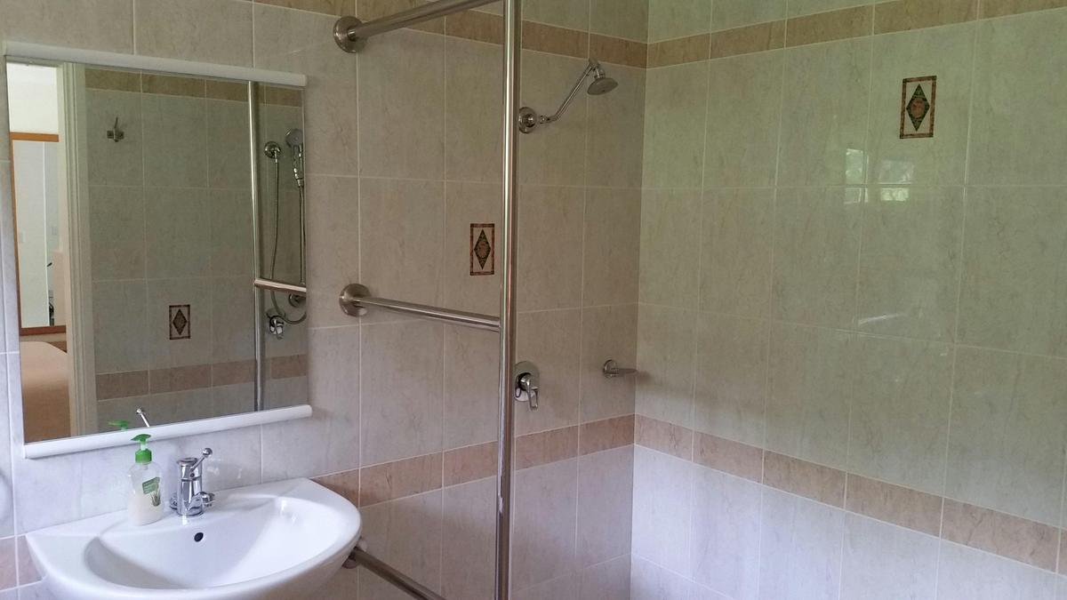 Ensuite with double shower, grab rails and pedestal basin