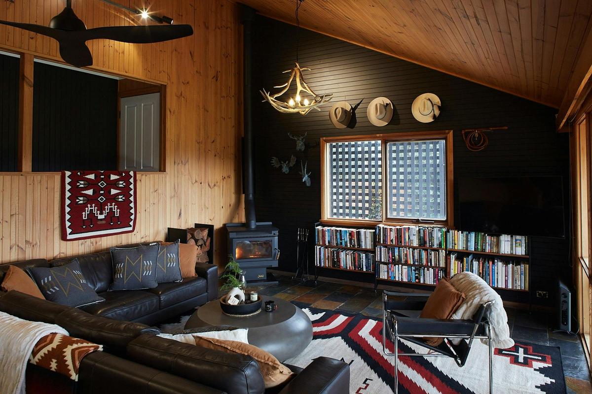 Living room indoor wood burning fireplace