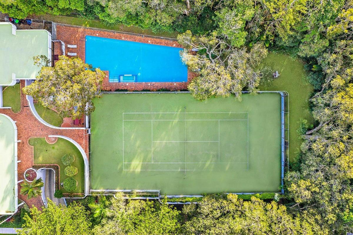Birds eye View of Tennis court, heated pool and spa.