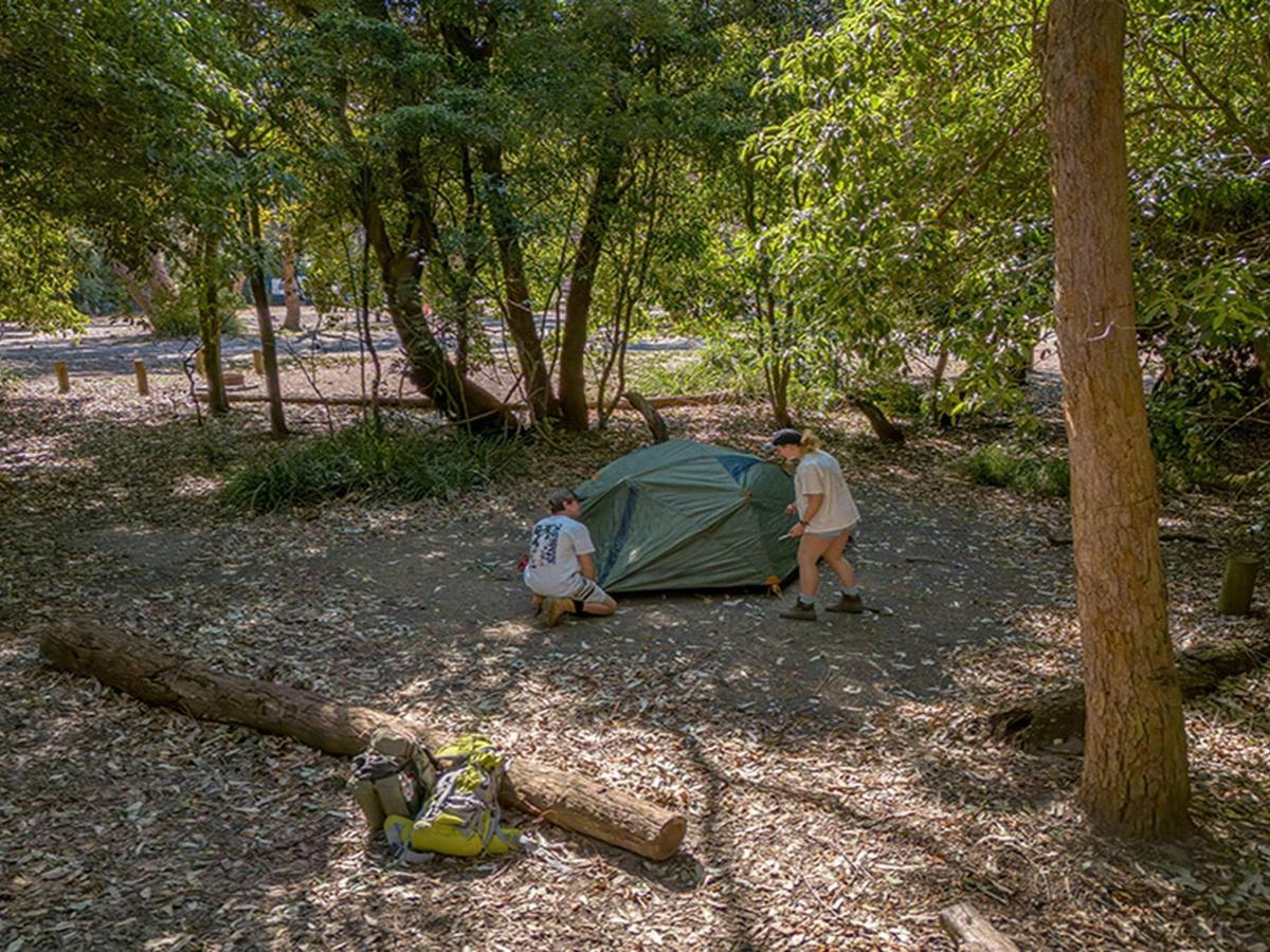 Campers setting up their tent at Pretty Beach campground. Credit: John Spencer &copy; DCCEEW