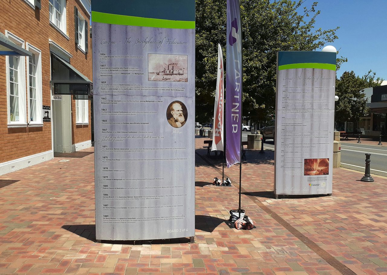 One side of the two standing boards that make up the Federation Timeline in Sanger Street,