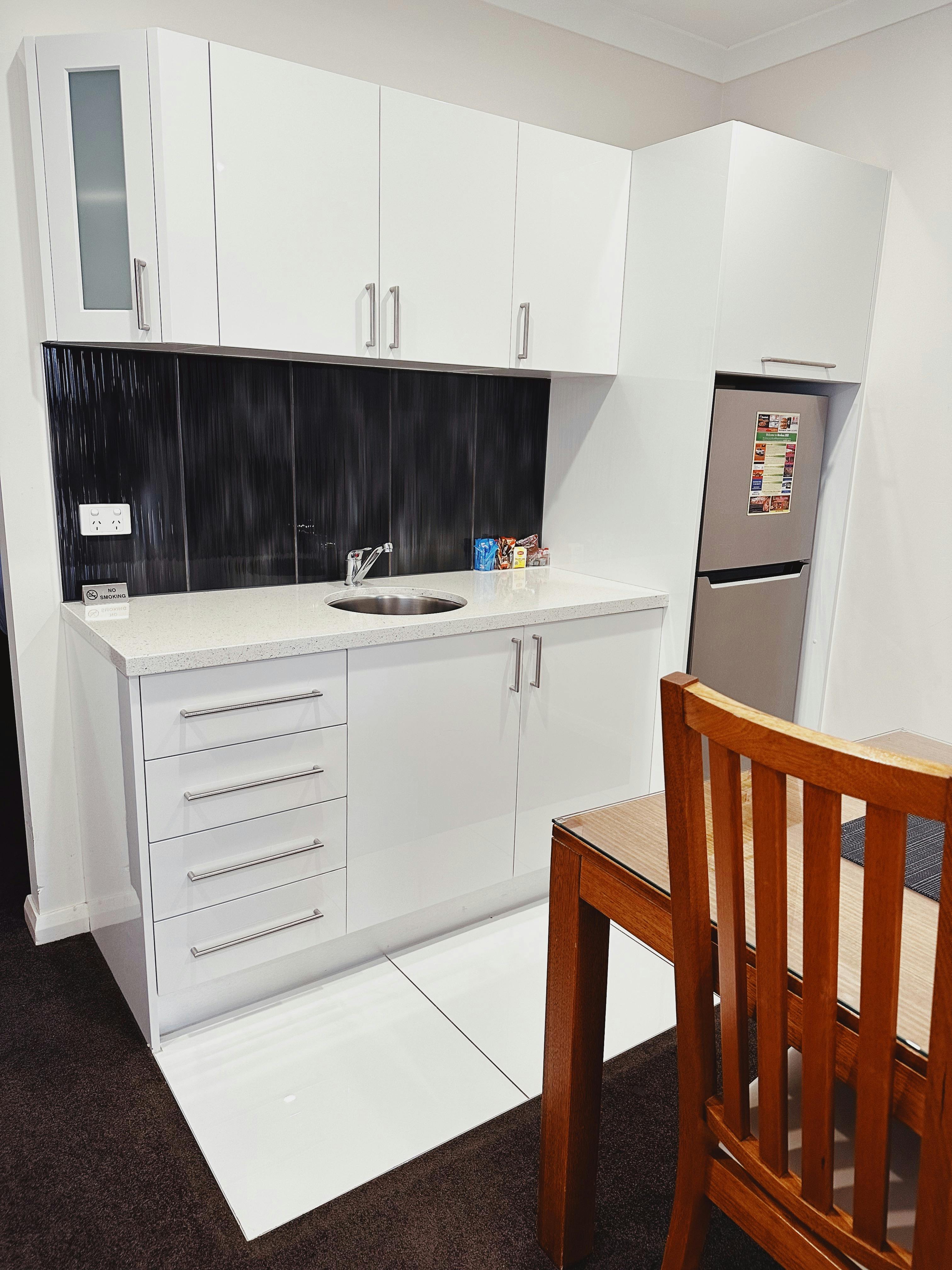 All studios are equipped with Kitchenettes our two and three bedroom have full kitchens.