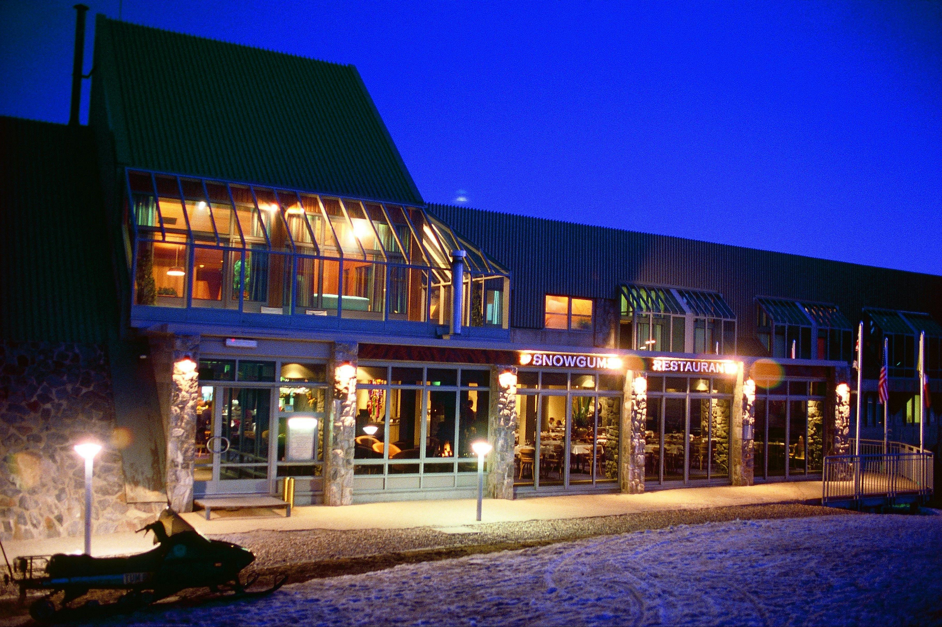Perisher Valley Hotel lights up at night
