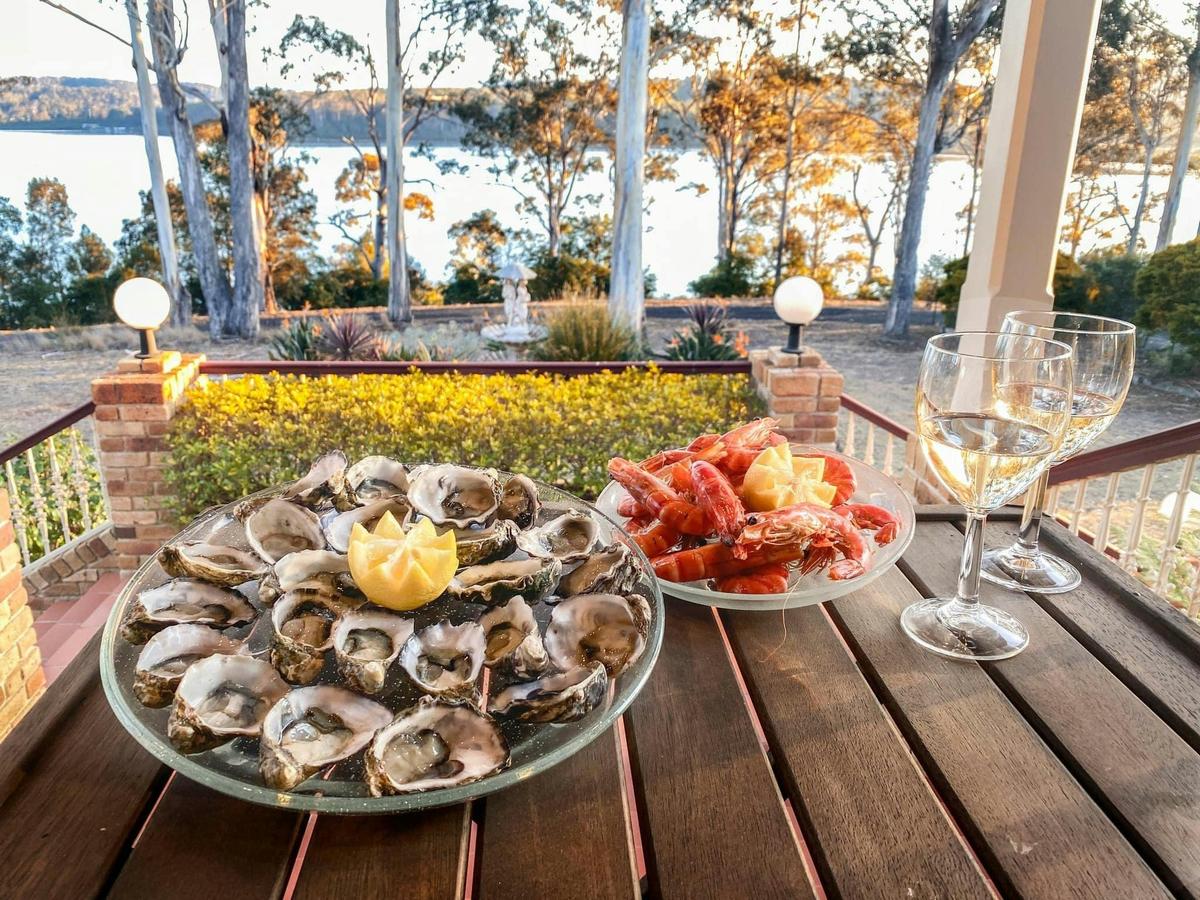 Prawns, oysters and wine on the guesthouse balcony