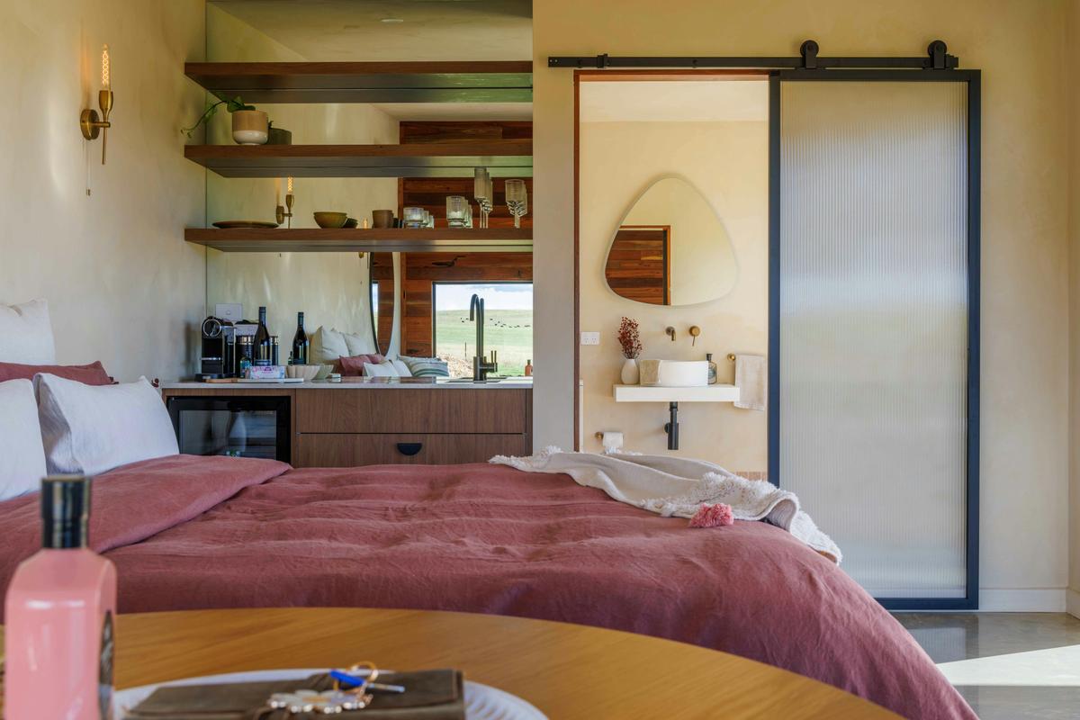 King bed, kitchenette and luxury bathroom.
