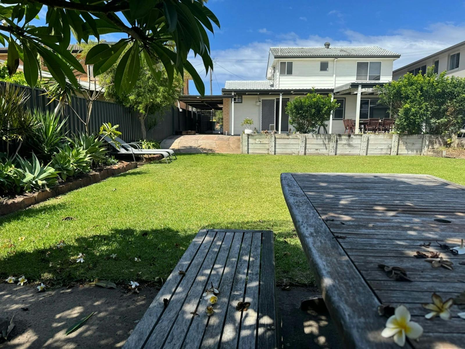 view from backyard dining underneath a frangipani tree and large grassed area