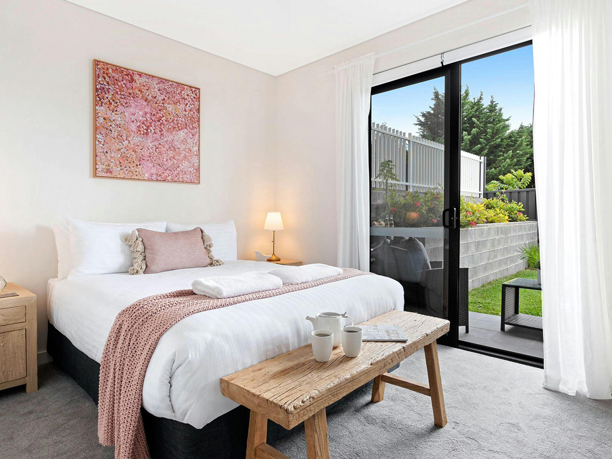 Sunrise Ocean View | Bedroom 1 | Queen | Ceiling fan | Fully fenced courtyard 