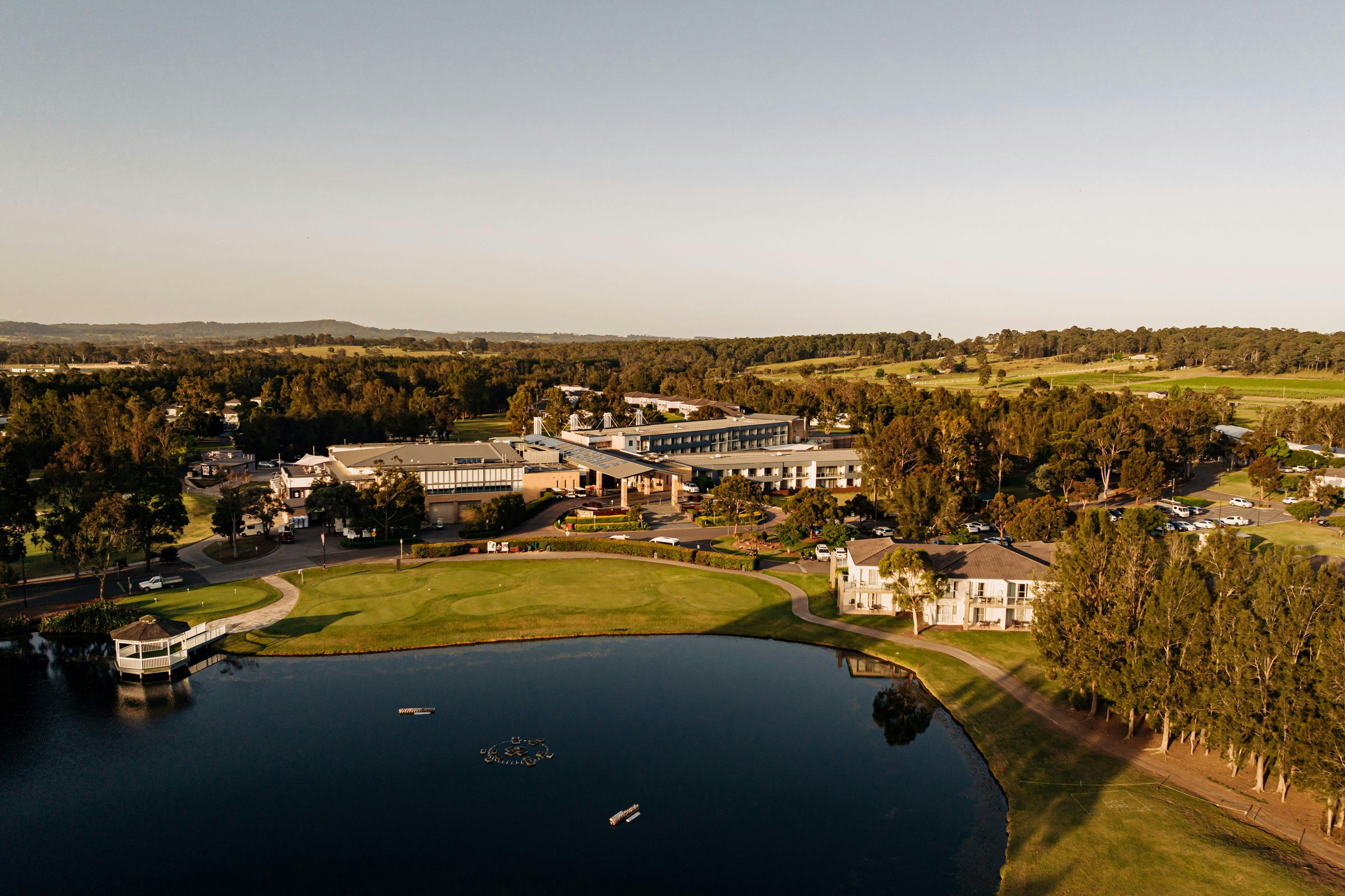 Wide image taken high above Rydges Resort Hunter Valley showcasing its prime, regional locacation.