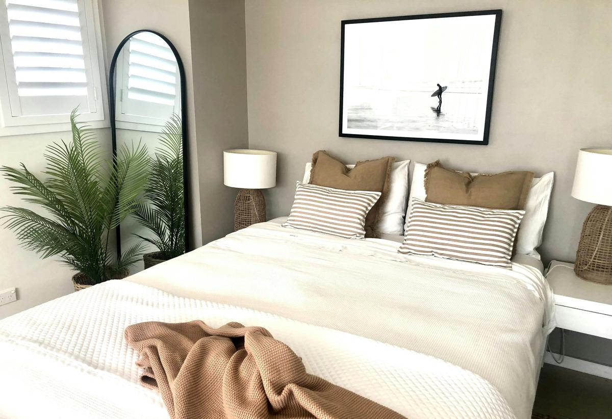 Queen bed with luxury linens