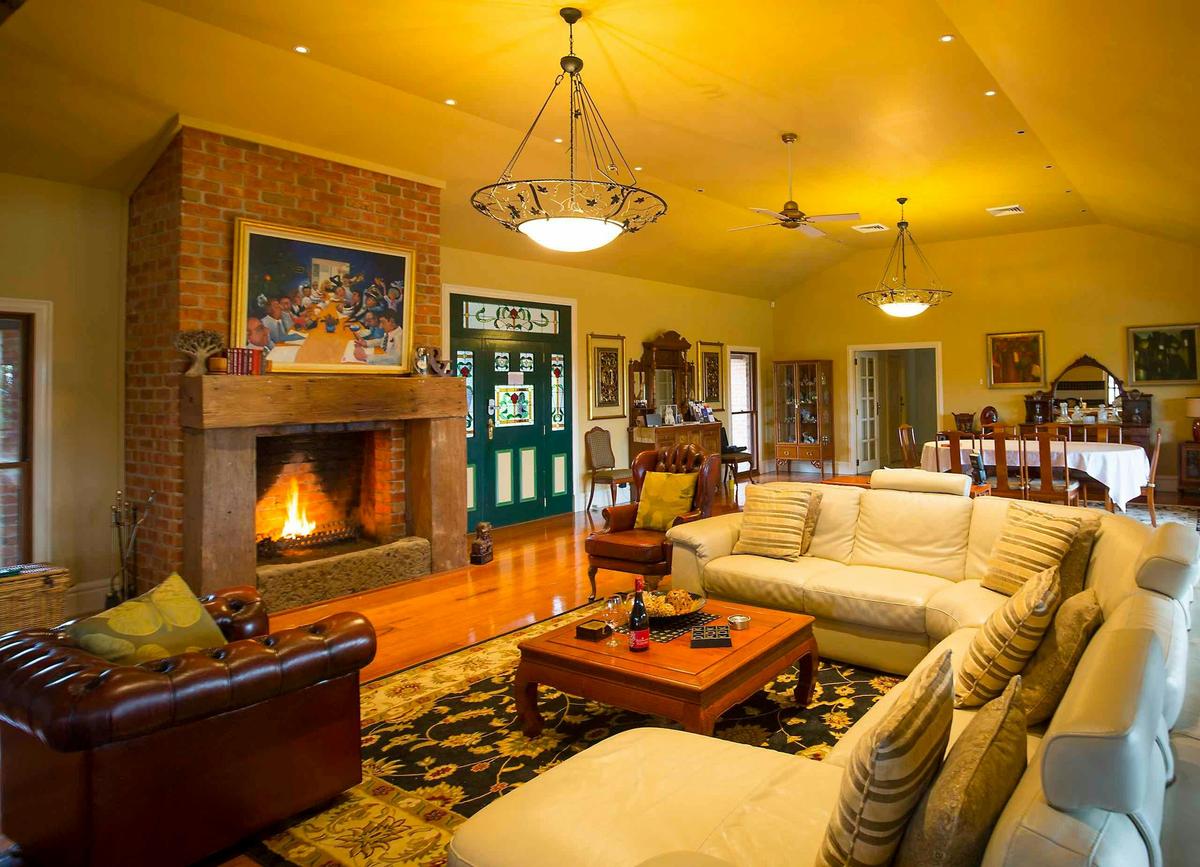 Living area with open fireplace