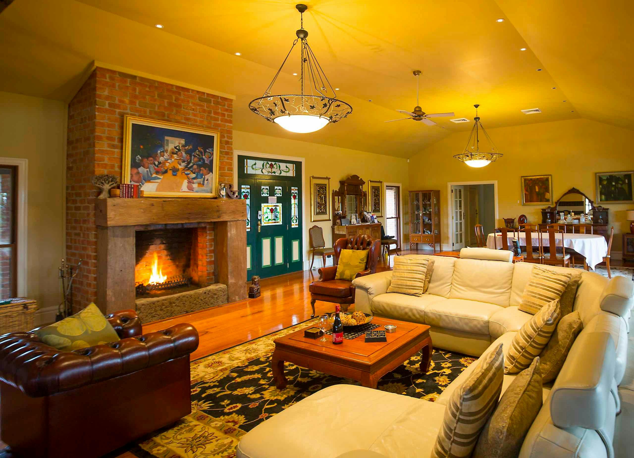 Living area with open fireplace