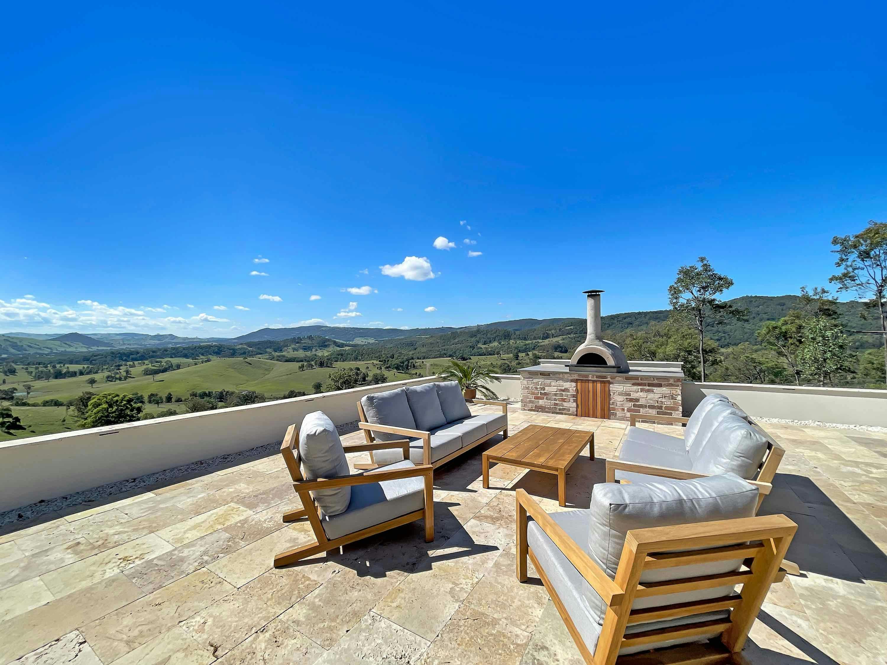 Outdoor living, view and pizza oven