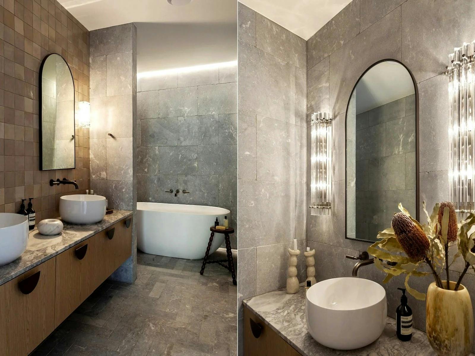 Resort style bathroom featuring a stylish bathtub