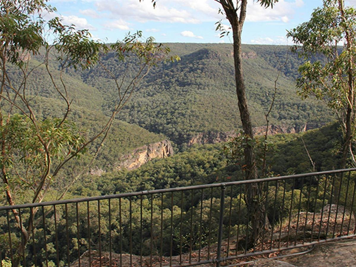 Grand Canyon lookout platform and railing, with valley and forest views Photo: John Yurasek/OEH.
