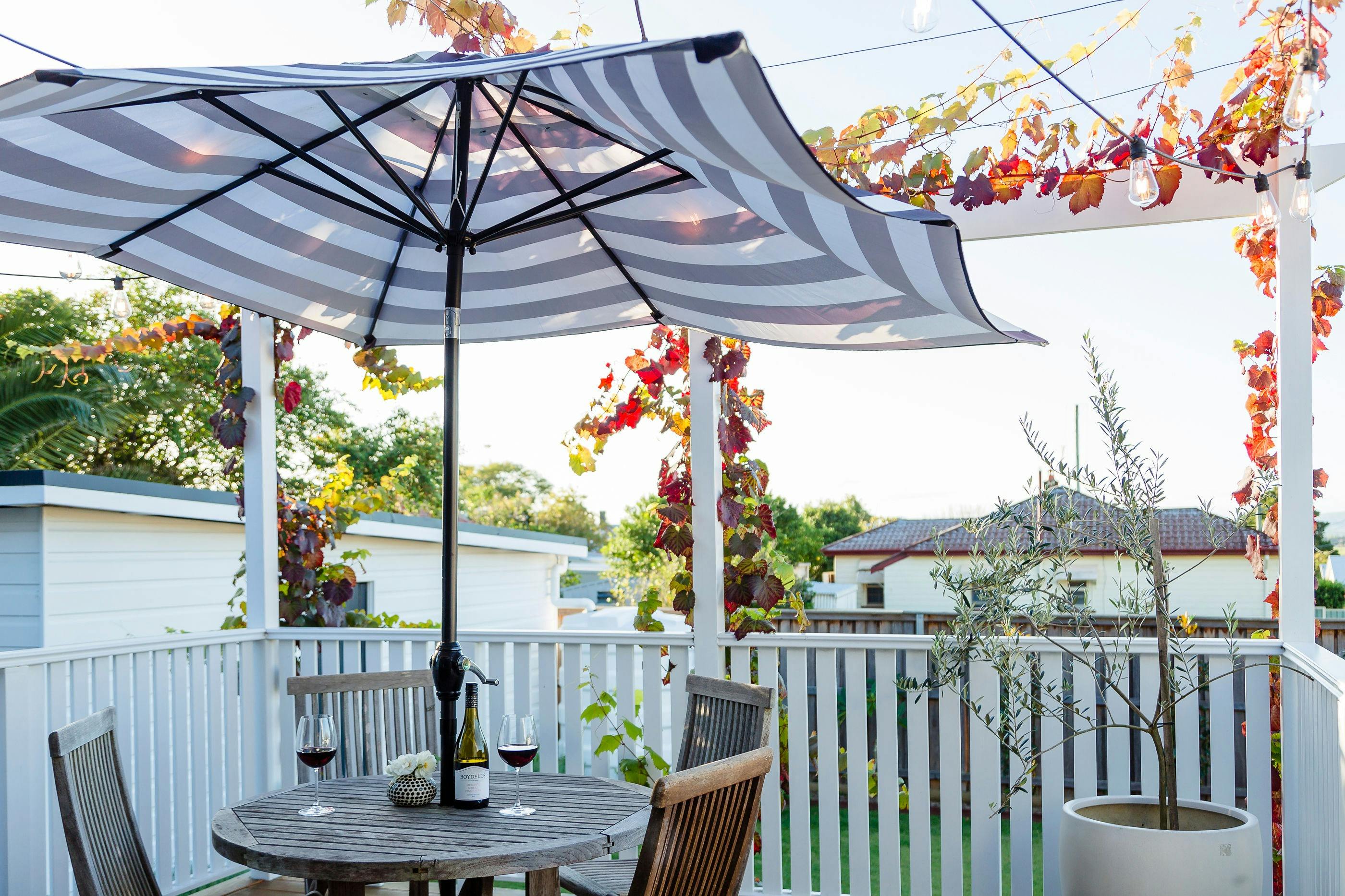 Back deck is great spot to watch the sunset with a wine.