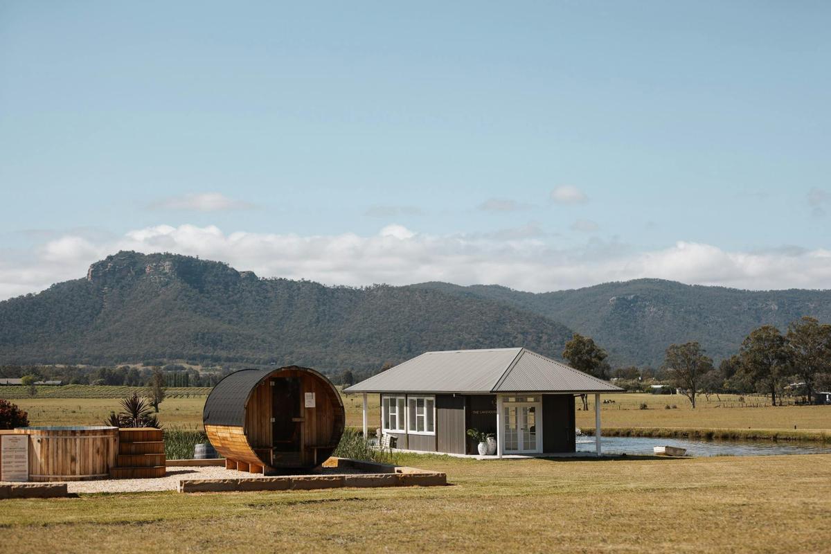10 person barrel sauna, hot tub, and Lakehouse yoga studio at The Wellness Farm Hunter Valley