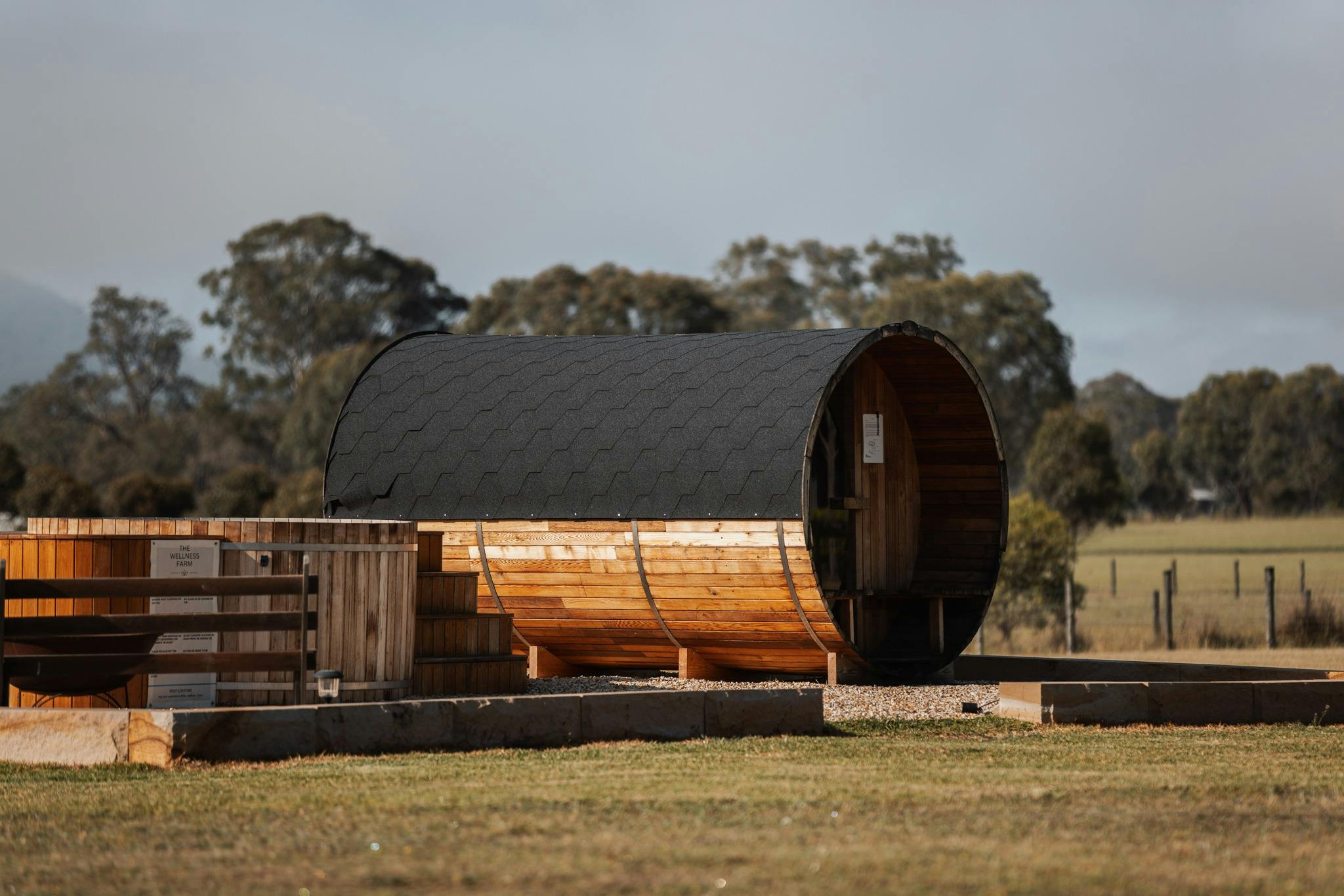 10 person barrel sauna and hot tub at The Wellness Farm Hunter Valley