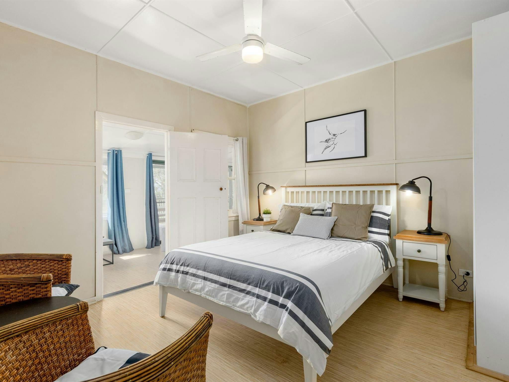 Interior of Tuckers Rocks Cottage master bedroom. Photo: Mitchell Franzi/DPIE
