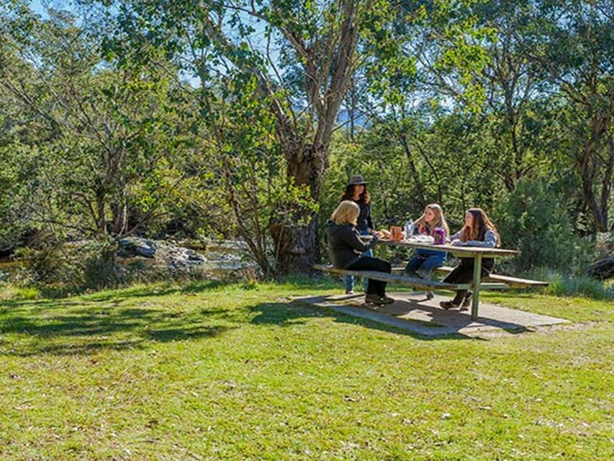 Four campers enjoy a picnic at Tom Groggin campground, Koscisuzko National Park. Photo: Murray