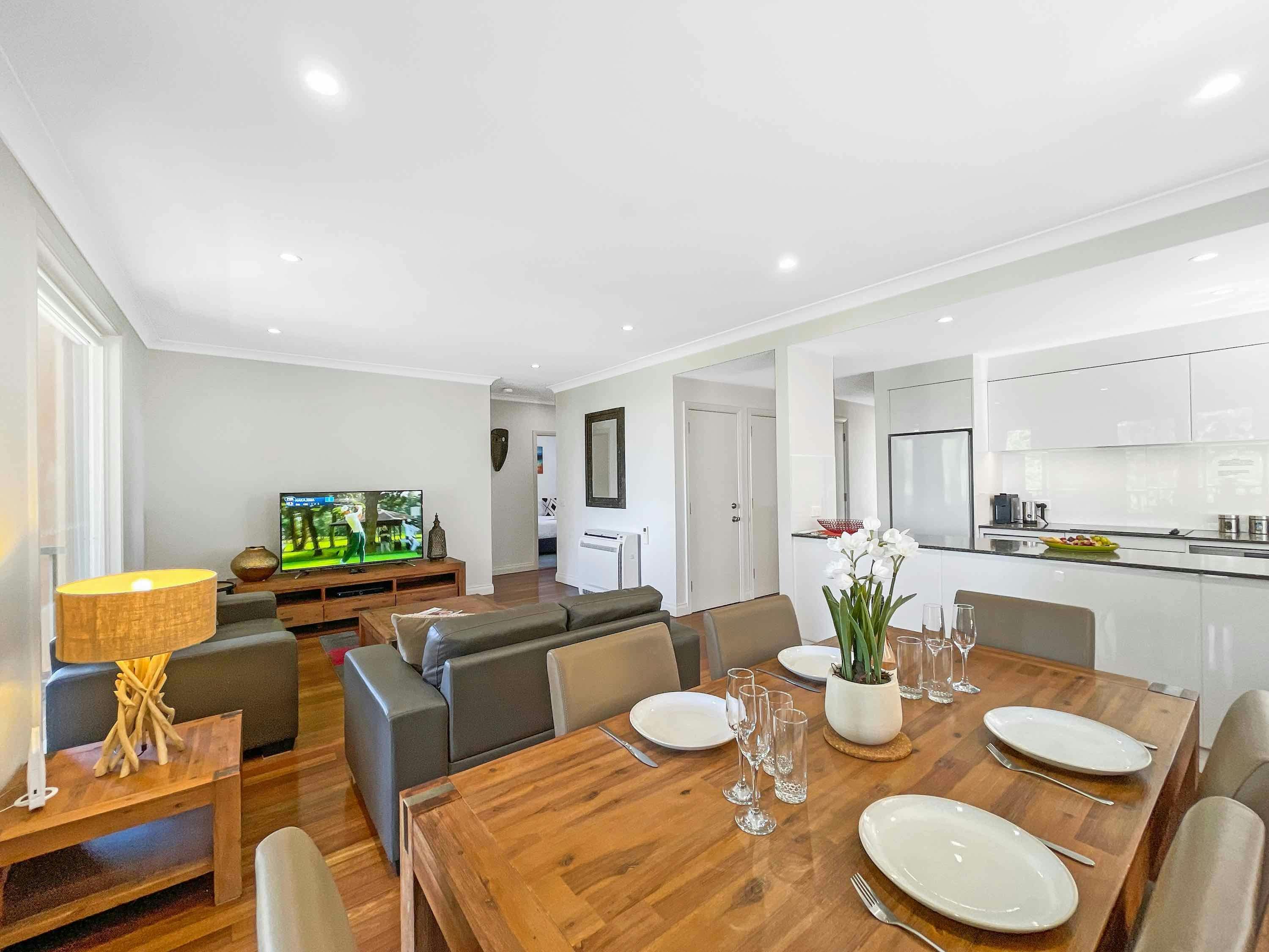 Dining, kitchen, living area