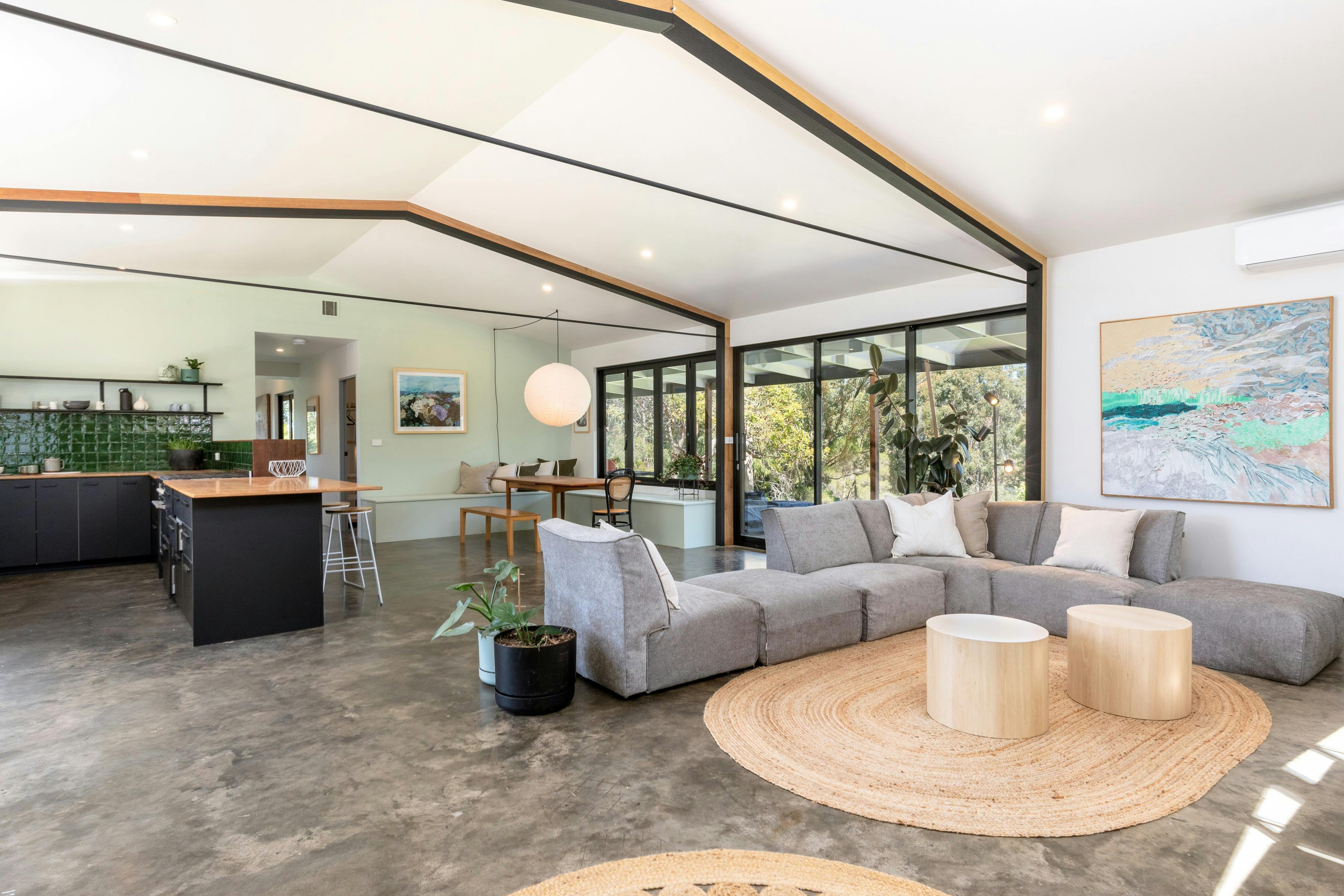 Spacious open plan living room with fire place