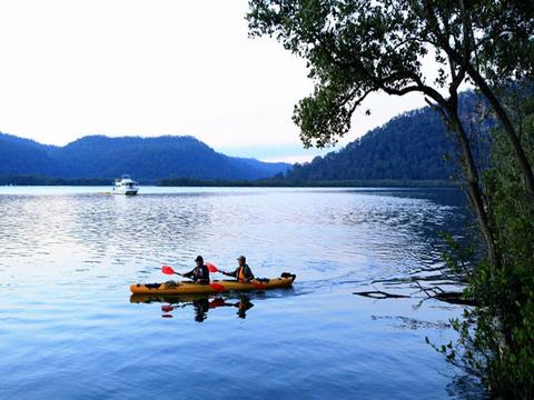 Hawkesbury River scene of 2 kayakers in a double kayak, with a river boat in the distance.  Photo: R